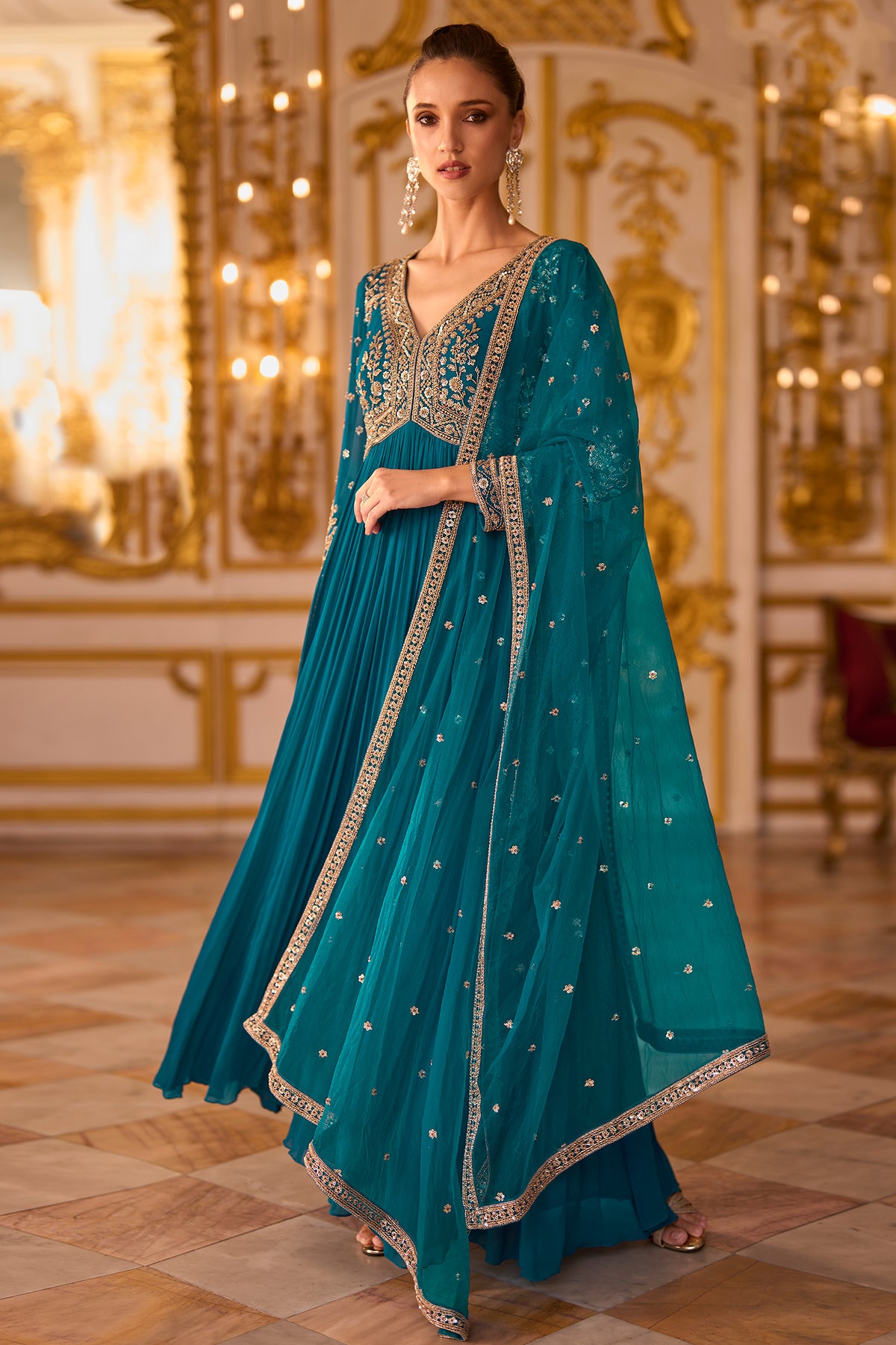 Blue Green Readymade Georgette Gown With Dupatta-SAR13240_1_SareeButa.com