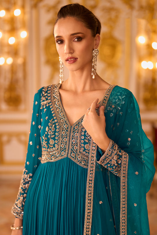Blue Green Readymade Georgette Gown With Dupatta-SAR13240_2_SareeButa.com