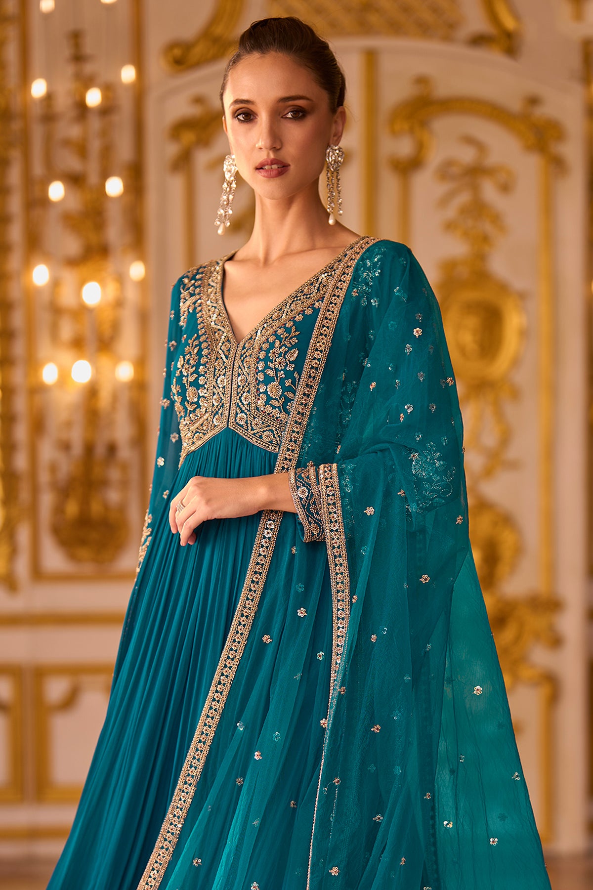 Blue Green Readymade Georgette Gown With Dupatta-SAR13240_4_SareeButa.com