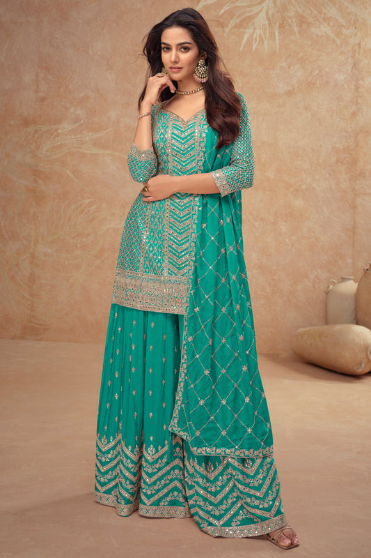 Blue Green Readymade Heavy Work Chinon Silk Suit-SS539_1_SareeButa.com