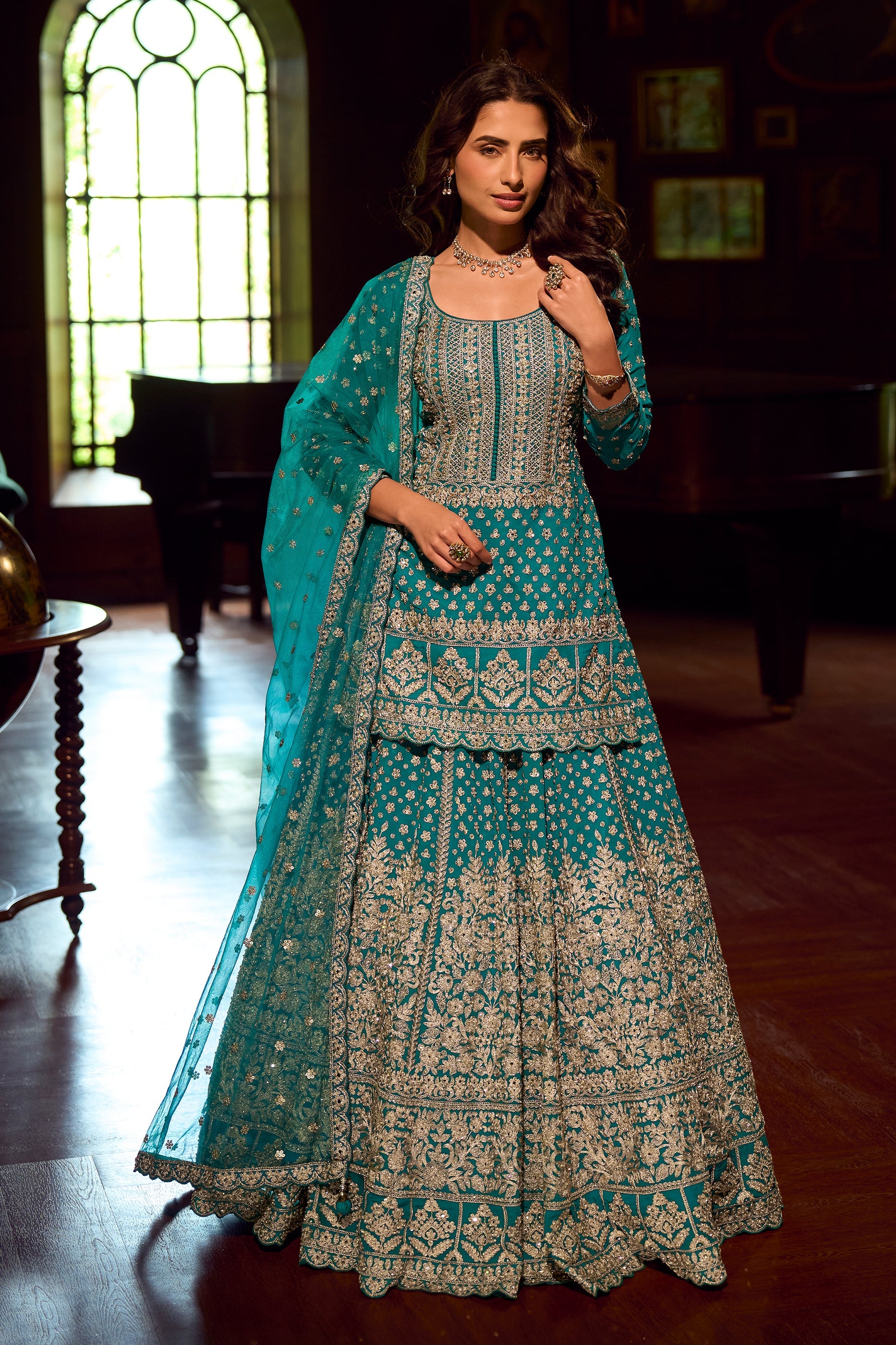 Blue Green Readymade Heavy Work Georgette Skirt Suit-SAR11555_1_SareeButa.com