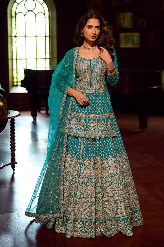Blue Green Readymade Heavy Work Georgette Skirt Suit-SAR11555_1_SareeButa.com