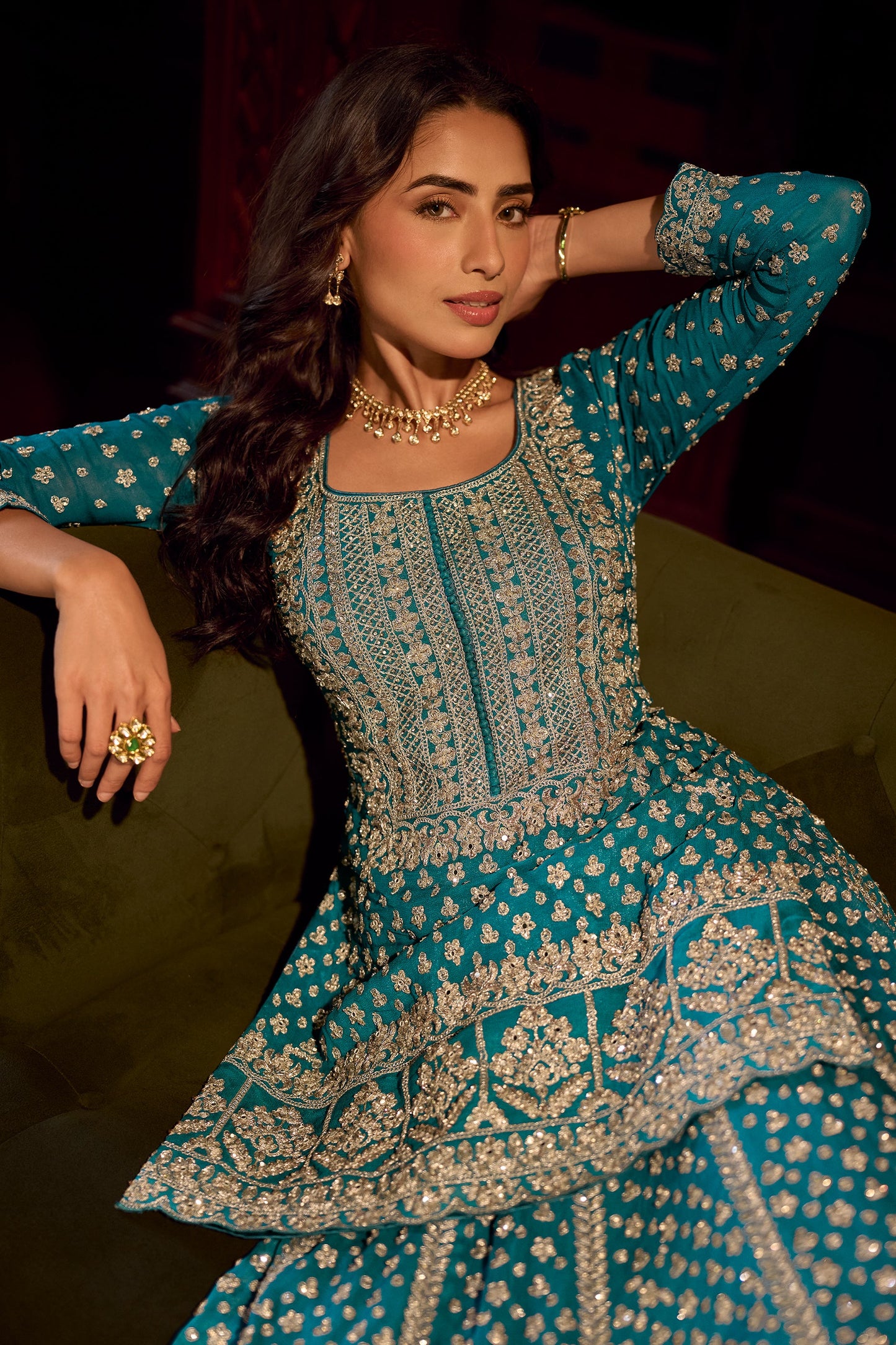 Blue Green Readymade Heavy Work Georgette Skirt Suit-SAR11555_2_SareeButa.com