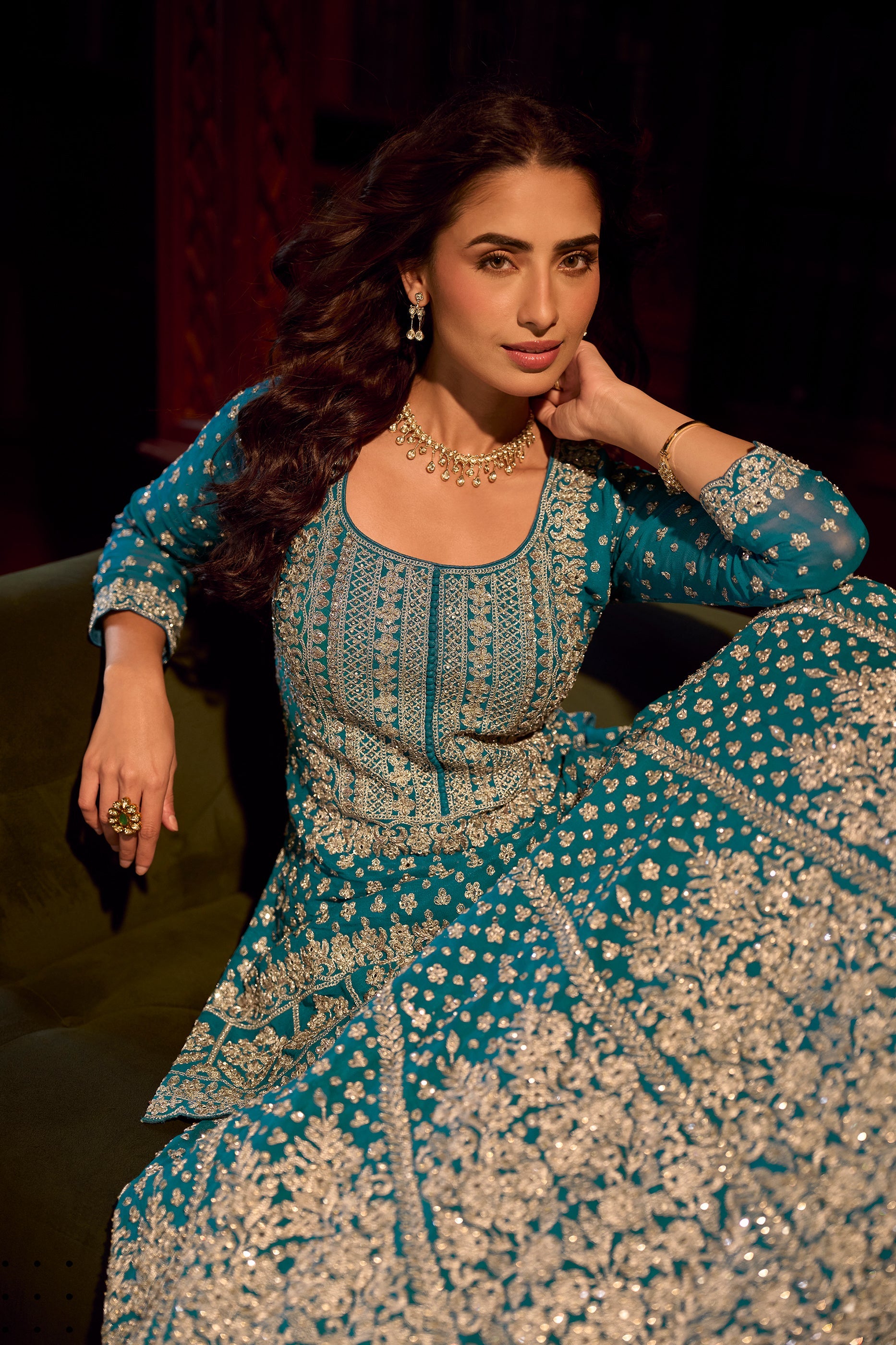 Blue Green Readymade Heavy Work Georgette Skirt Suit-SAR11555_3_SareeButa.com