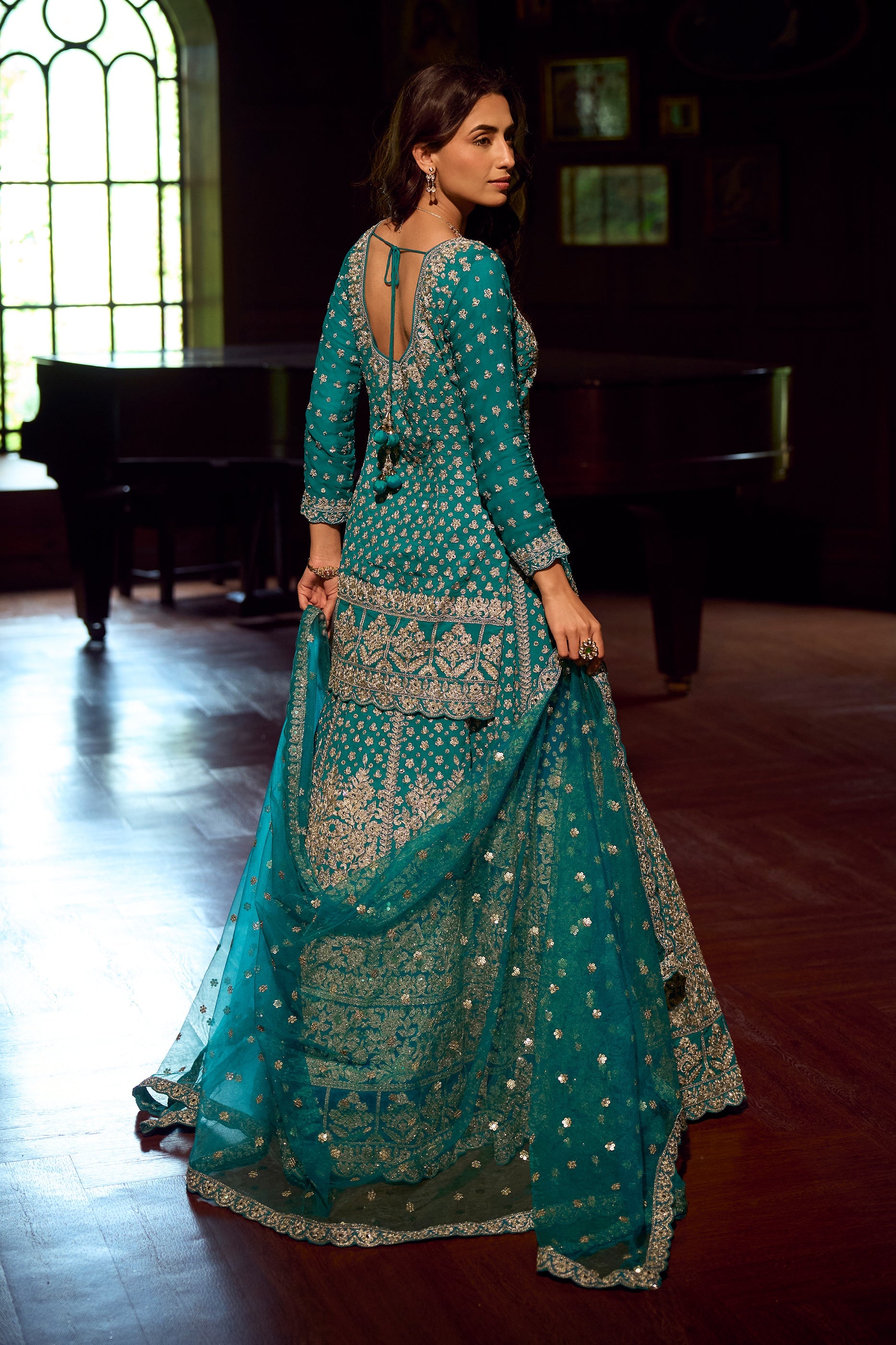 Blue Green Readymade Heavy Work Georgette Skirt Suit-SAR11555_4_SareeButa.com