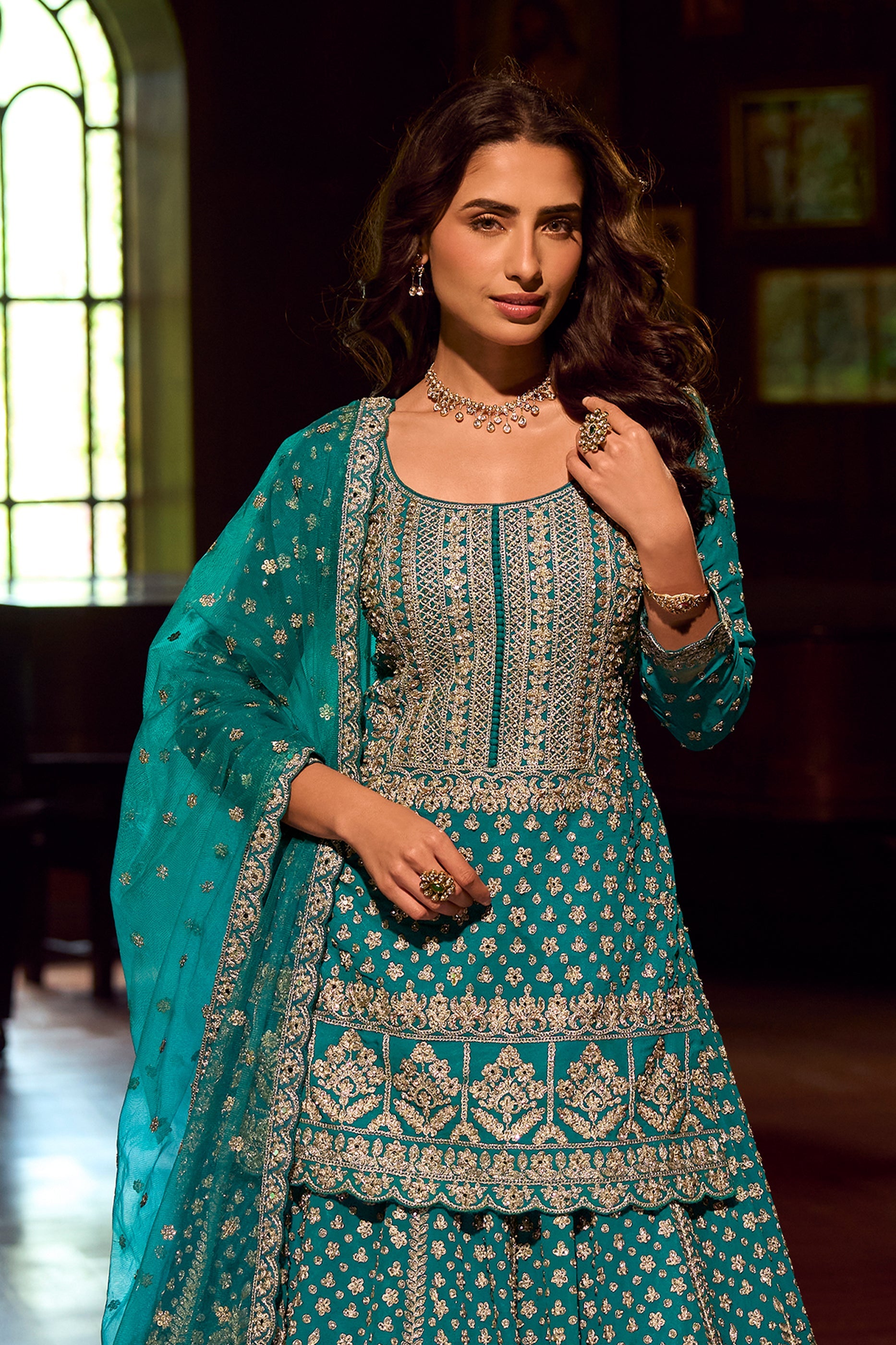 Blue Green Readymade Heavy Work Georgette Skirt Suit-SAR11555_5_SareeButa.com