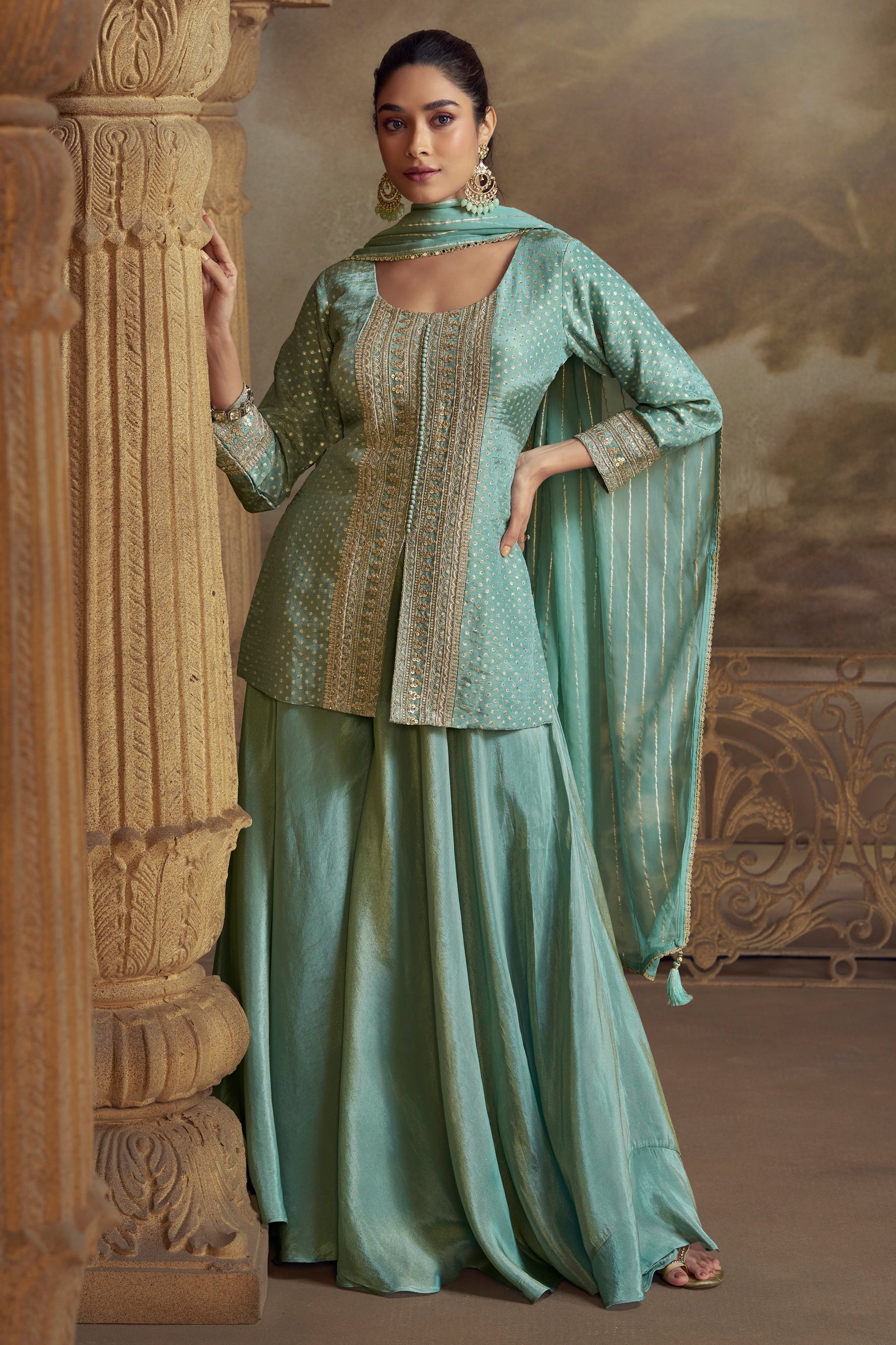 Blue Green Readymade Jacquard Simar Palazzo Set-SS790_1_SareeButa.com