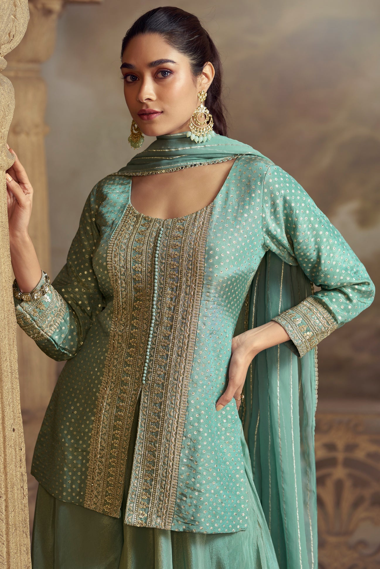 Blue Green Readymade Jacquard Simar Palazzo Set-SS790_2_SareeButa.com