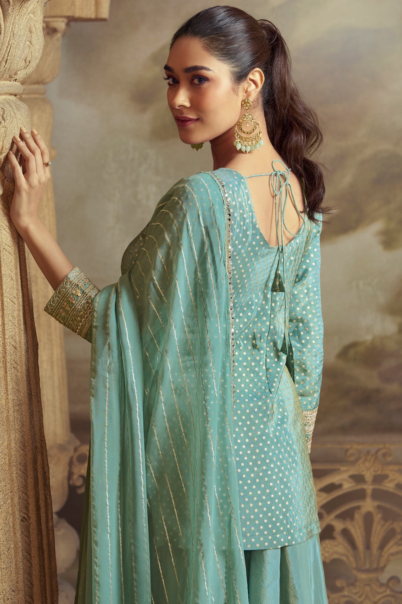 Blue Green Readymade Jacquard Simar Palazzo Set-SS790_3_SareeButa.com