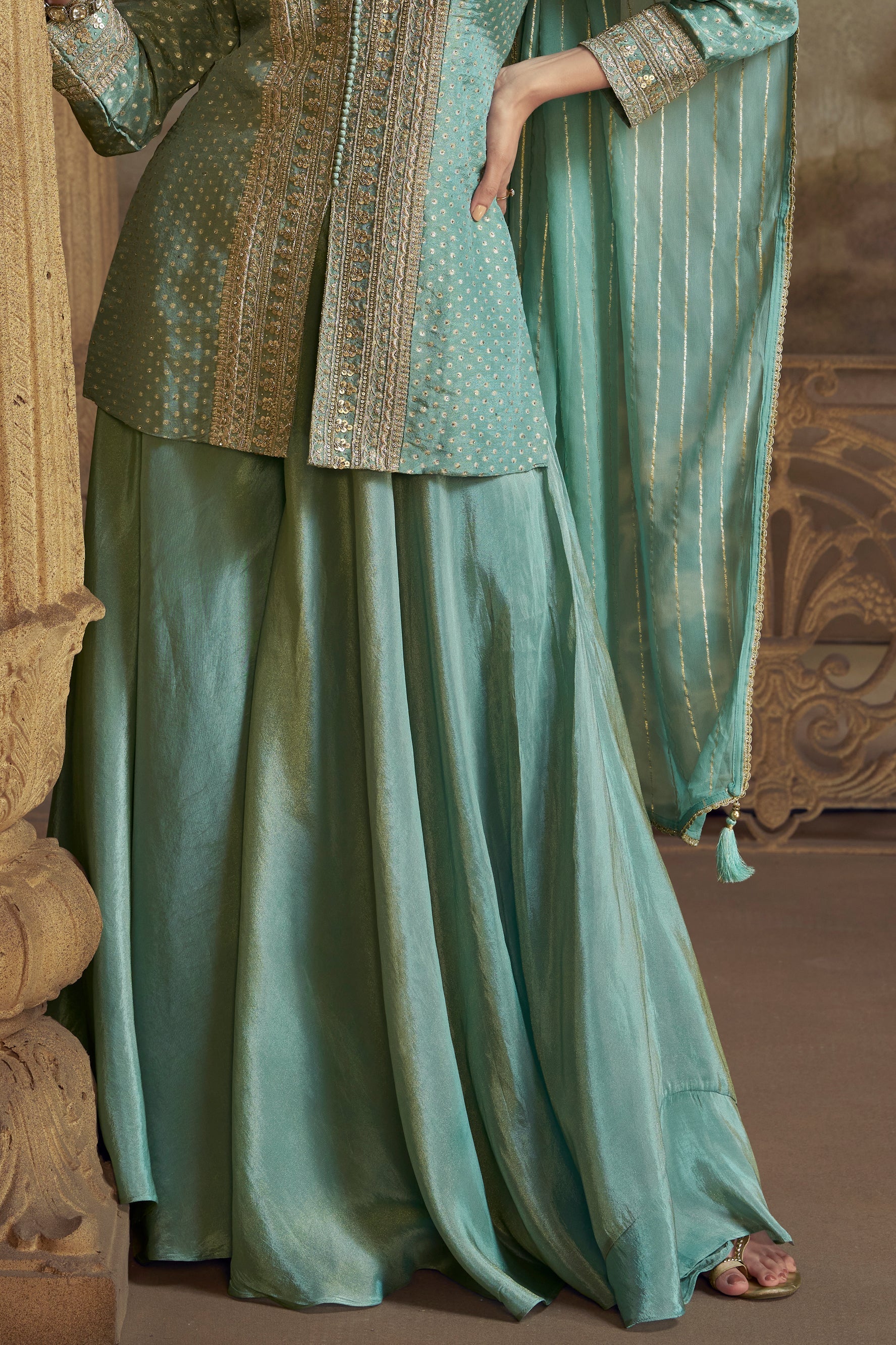 Blue Green Readymade Jacquard Simar Palazzo Set-SS790_4_SareeButa.com