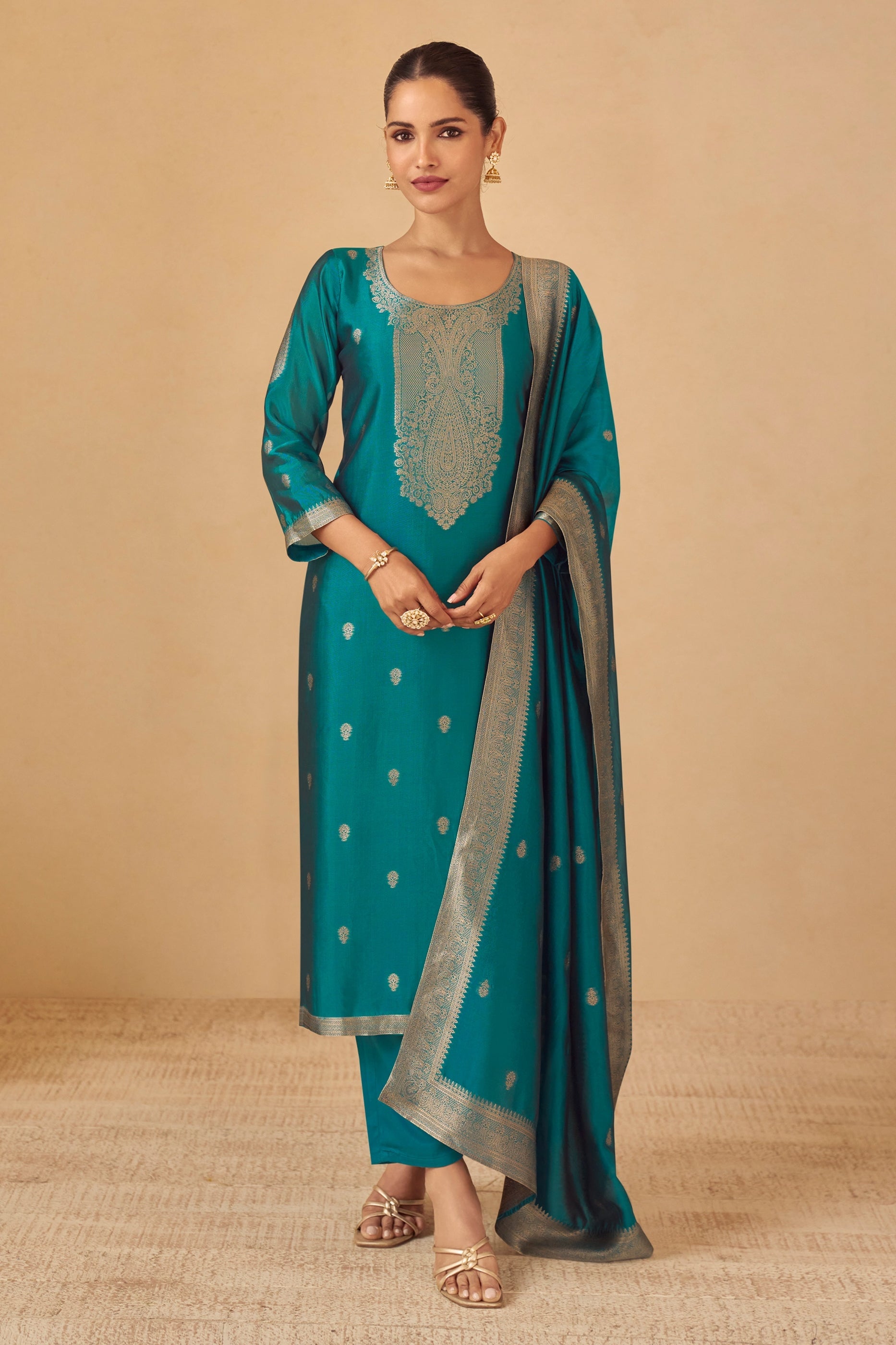 Blue Green Readymade Viscose Silk Suit-SAR11074_1_SareeButa.com