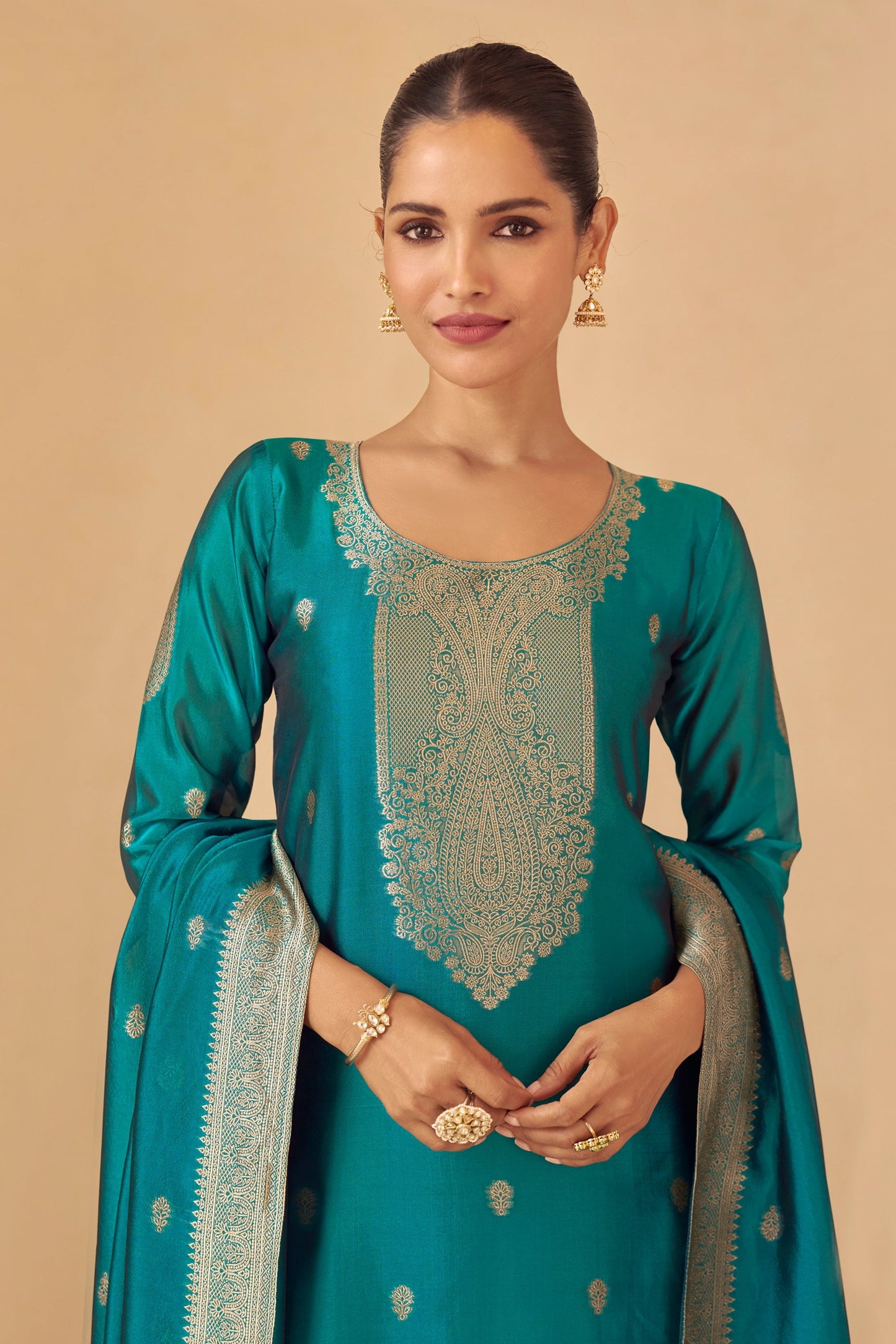 Blue Green Readymade Viscose Silk Suit-SAR11074_2_SareeButa.com