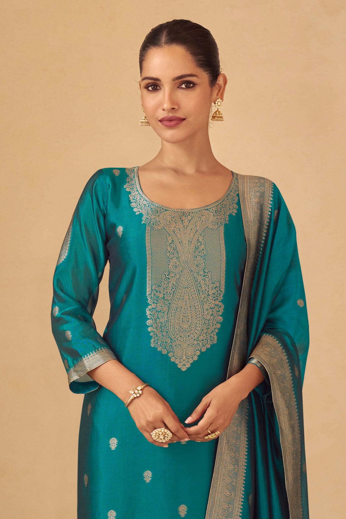 Blue Green Readymade Viscose Silk Suit-SAR11074_3_SareeButa.com