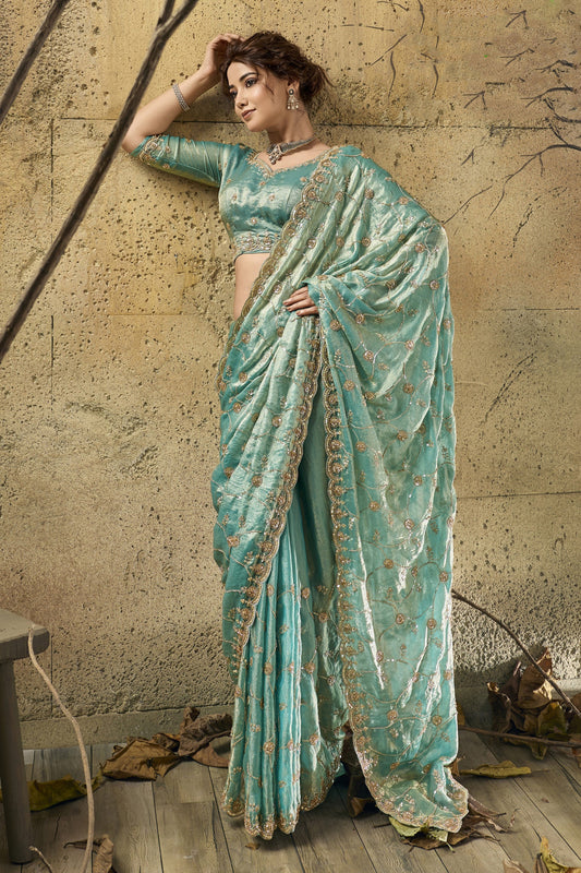 Blue Green Sequin Work Velvet Satin Saree-SAR12816_1_SareeButa.com