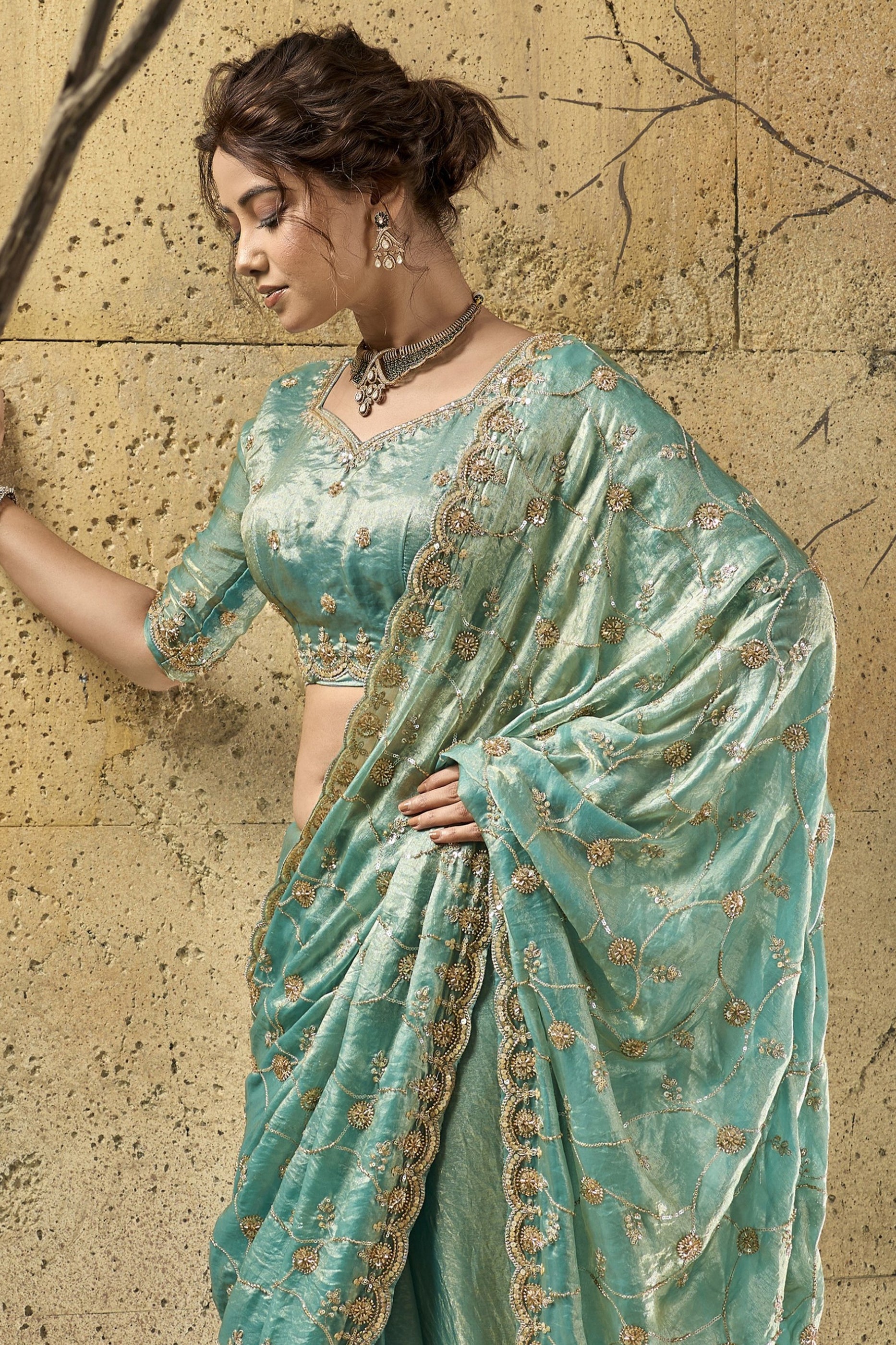 Blue Green Sequin Work Velvet Satin Saree-SAR12816_3_SareeButa.com