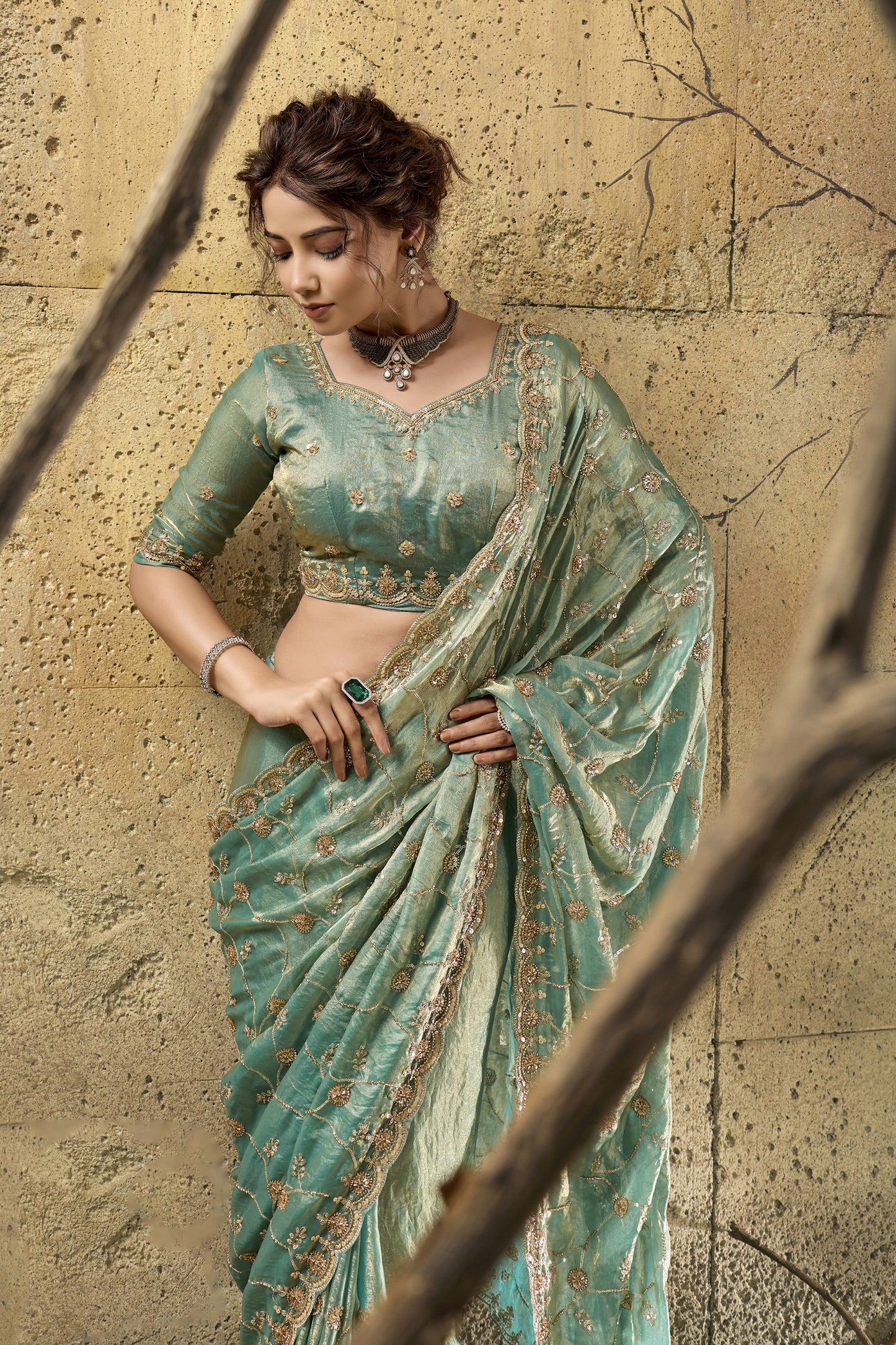 Blue Green Sequin Work Velvet Satin Saree-SAR12816_4_SareeButa.com