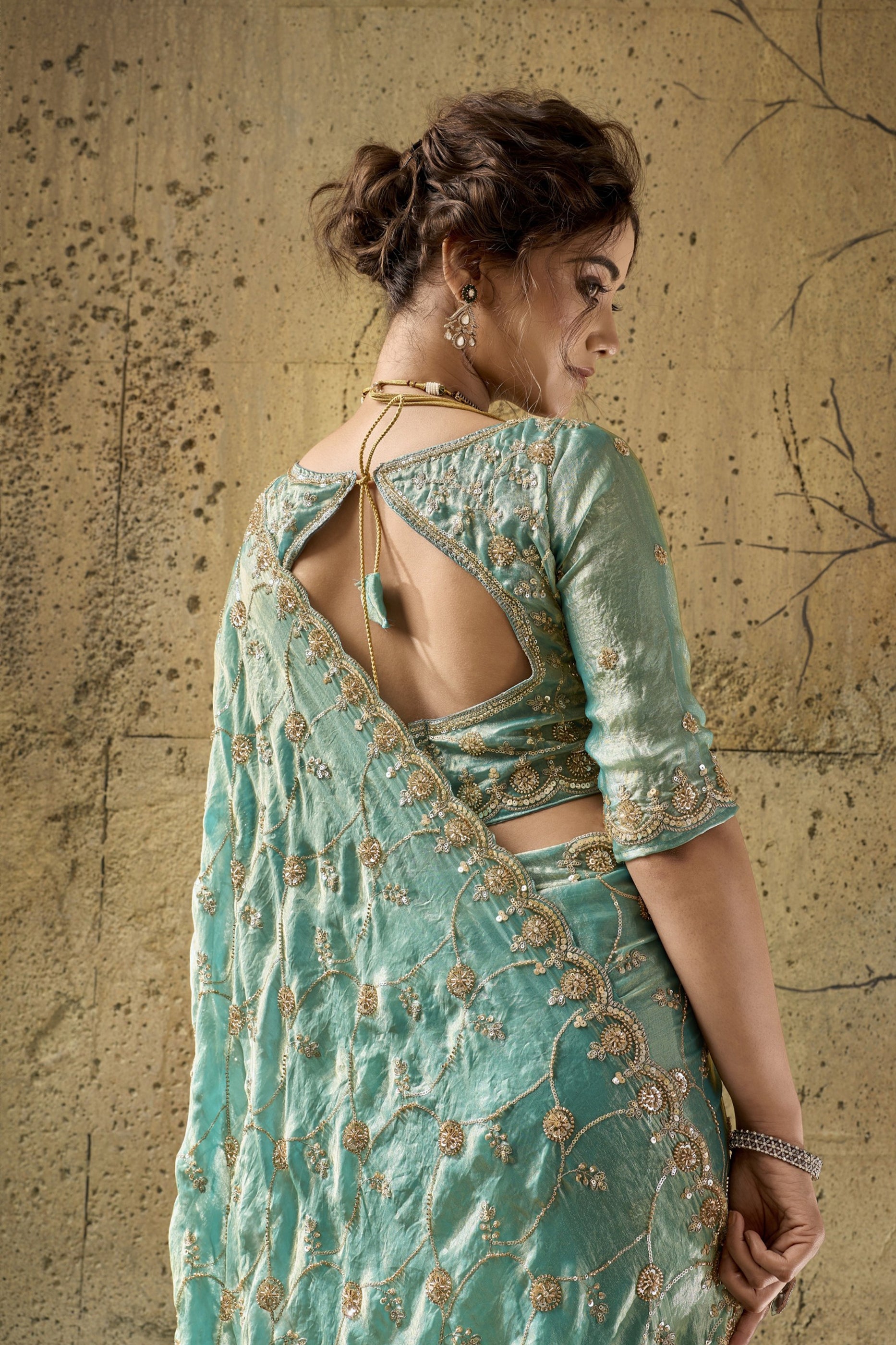 Blue Green Sequin Work Velvet Satin Saree-SAR12816_5_SareeButa.com