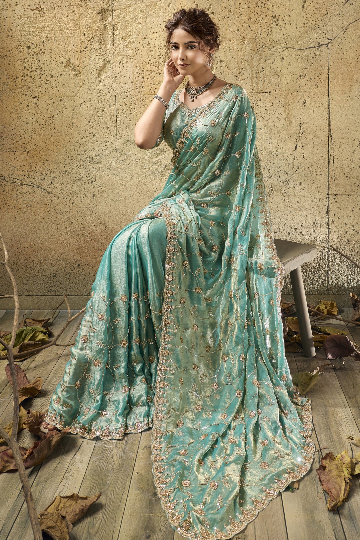 Blue Green Sequin Work Velvet Satin Saree-SAR12816_6_SareeButa.com