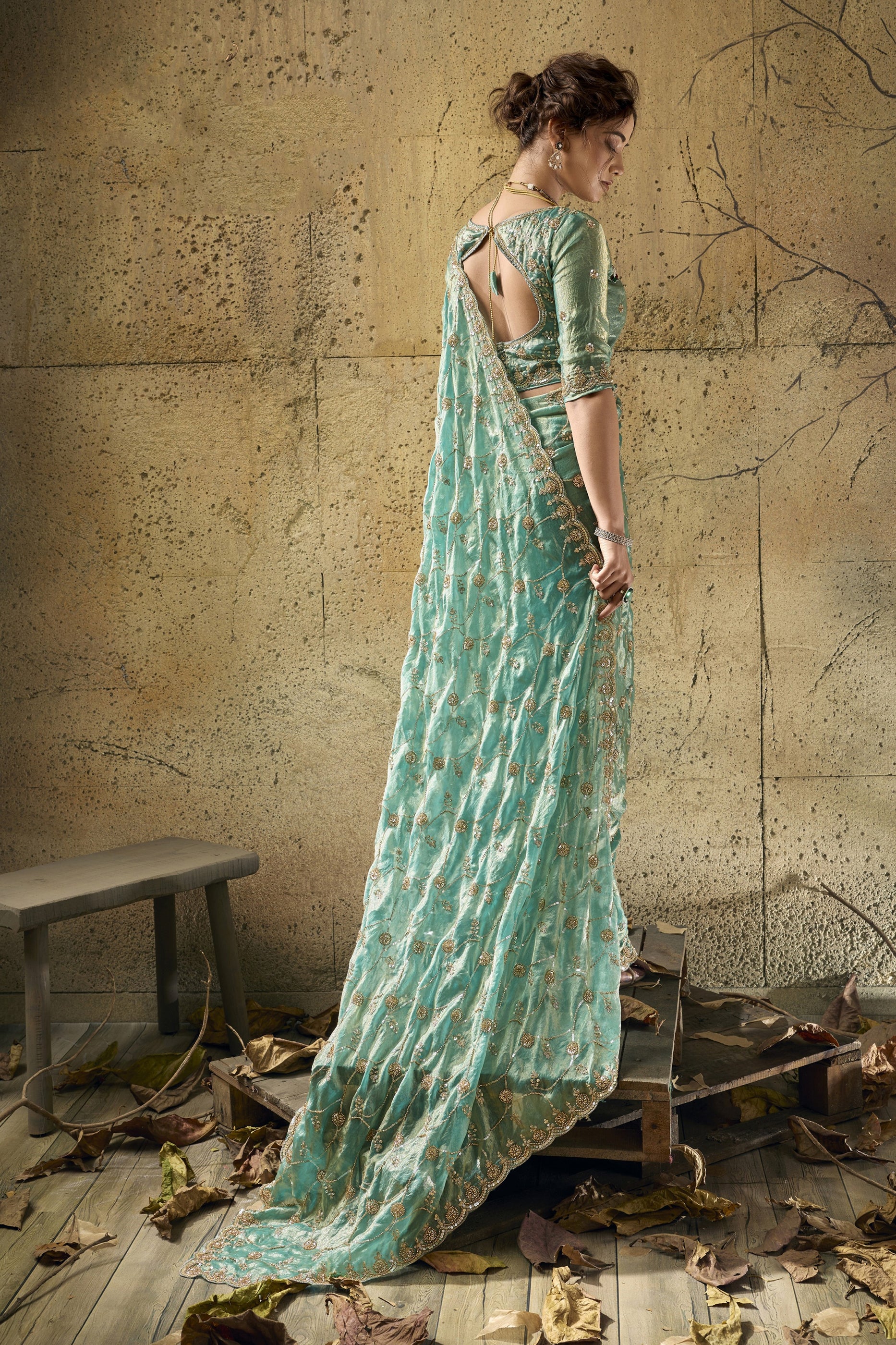 Blue Green Sequin Work Velvet Satin Saree-SAR12816_7_SareeButa.com