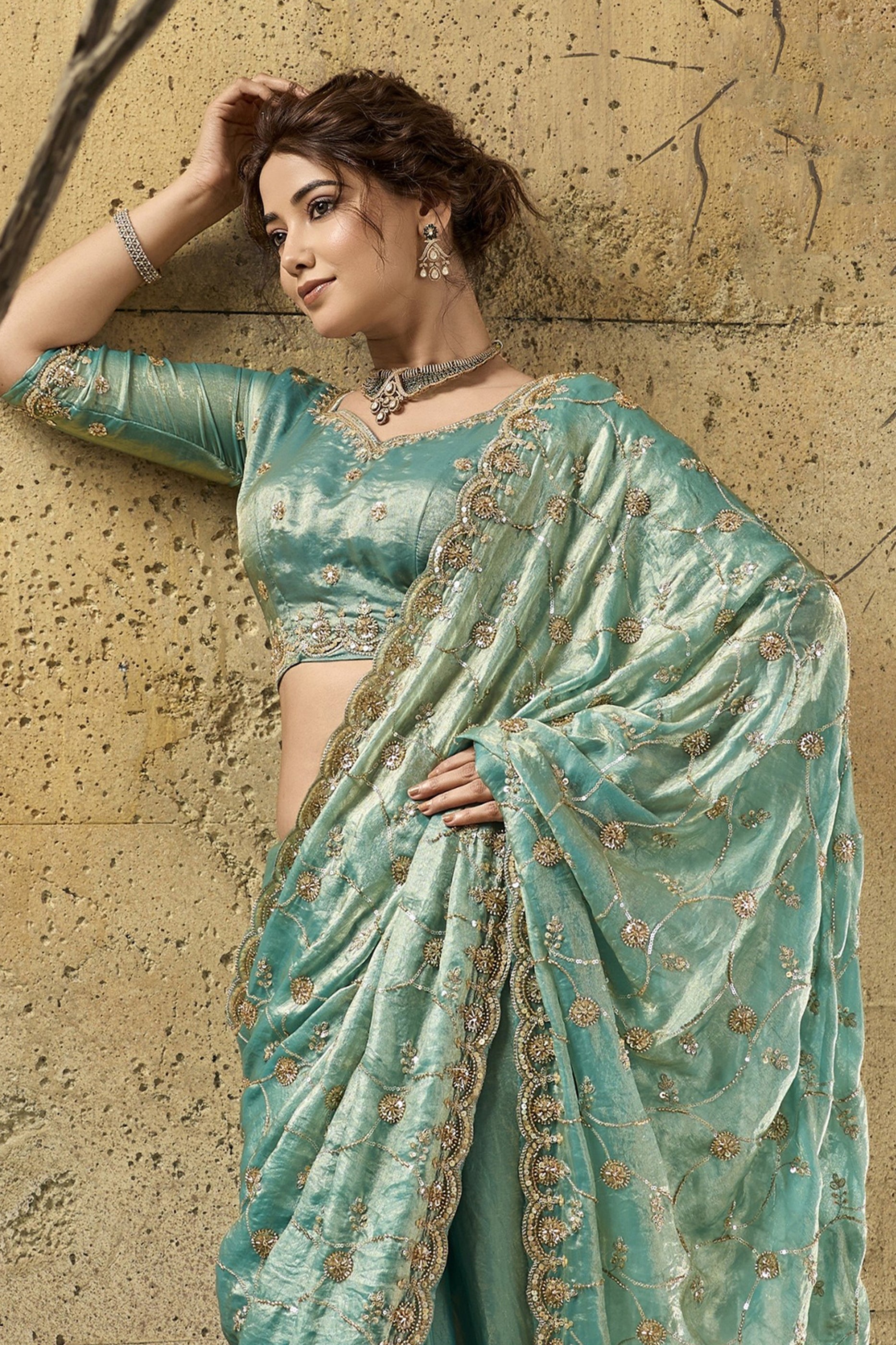 Blue Green Sequin Work Velvet Satin Saree-SAR12816_8_SareeButa.com