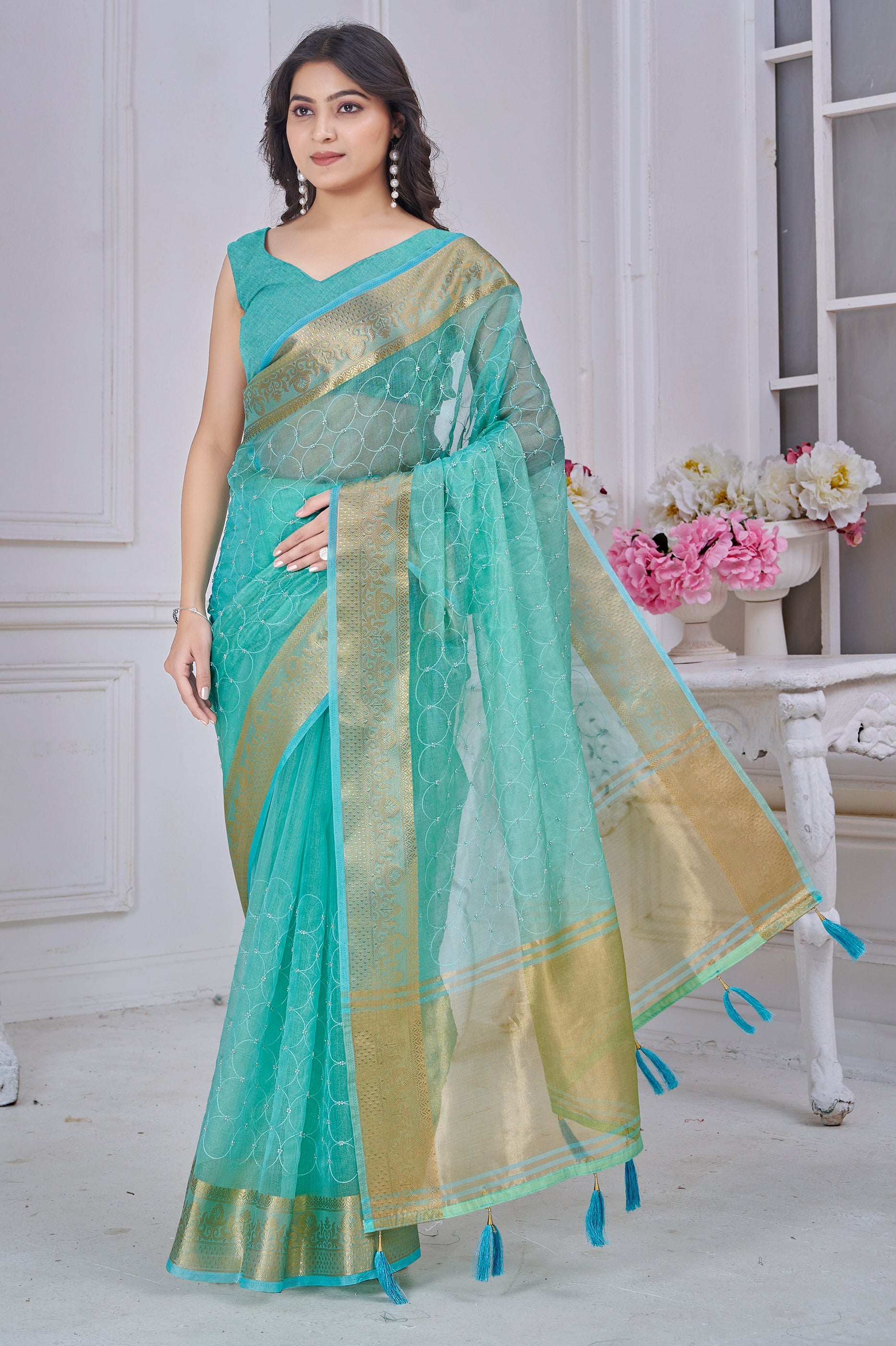 Blue Green Stone Work Jacquard Saree-SAR10742_1_SareeButa.com