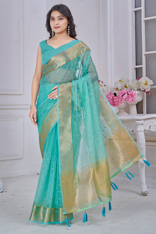 Blue Green Stone Work Jacquard Saree-SAR10742_1_SareeButa.com