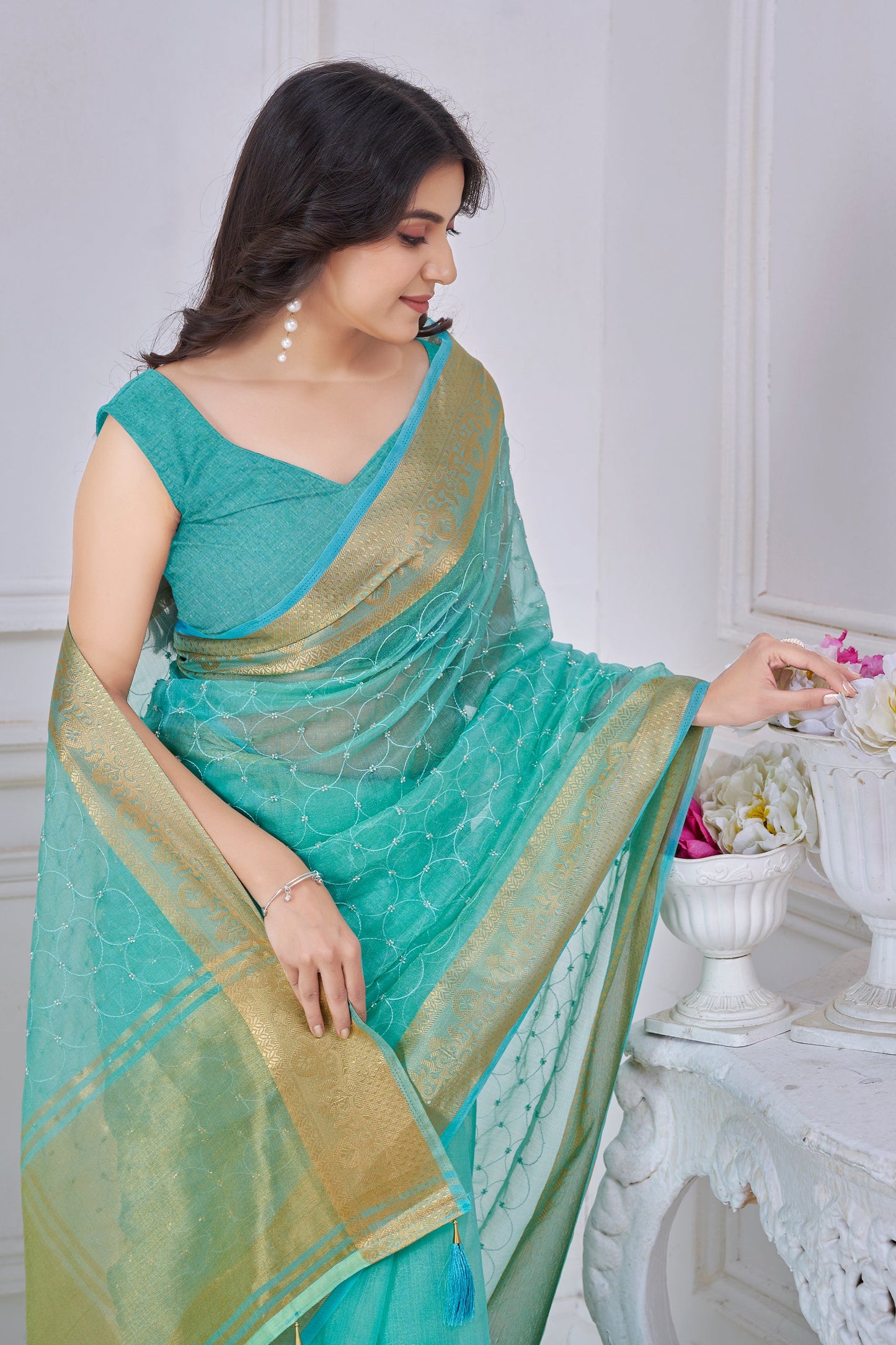 Blue Green Stone Work Jacquard Saree-SAR10742_2_SareeButa.com