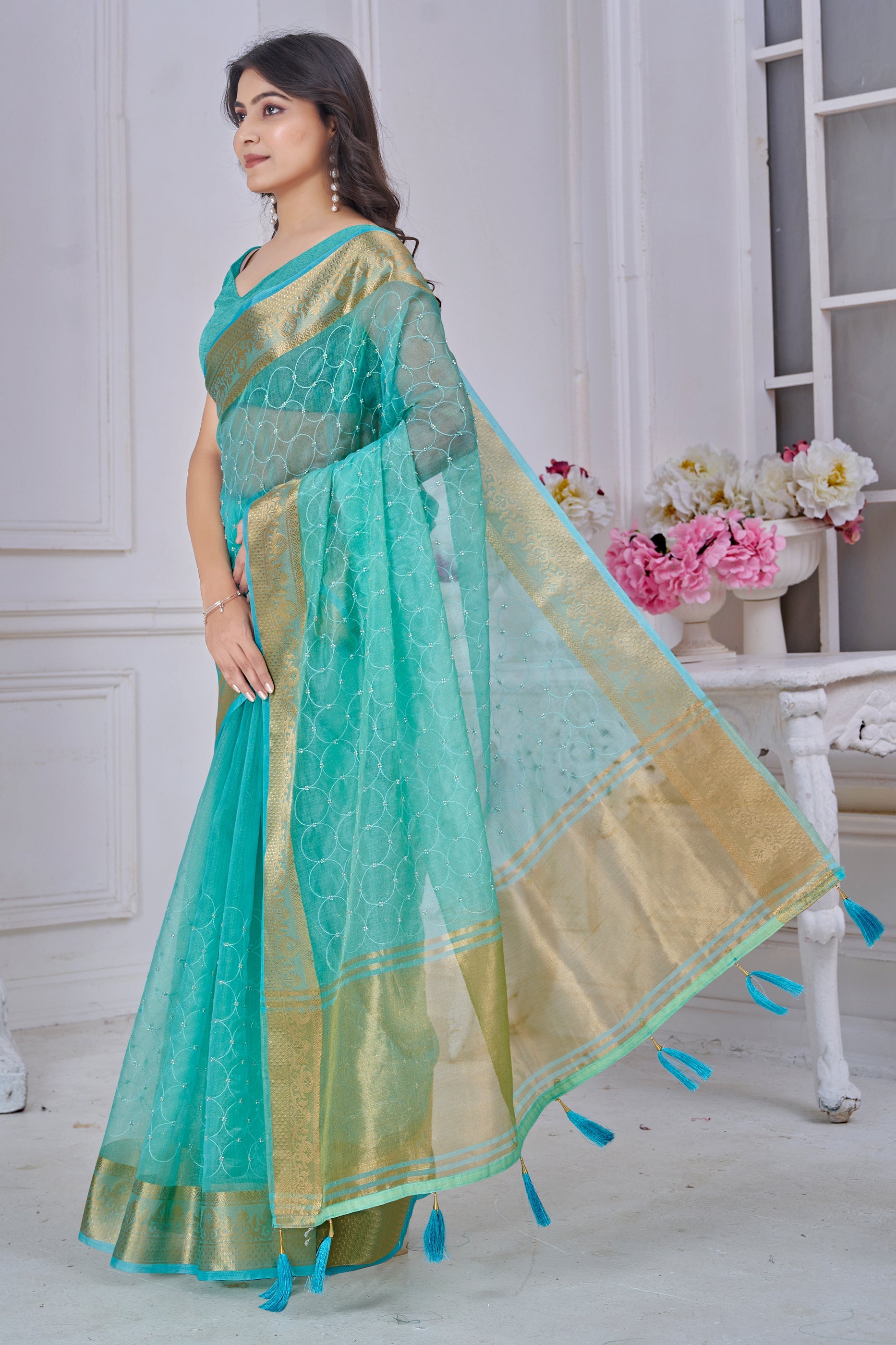 Blue Green Stone Work Jacquard Saree-SAR10742_3_SareeButa.com