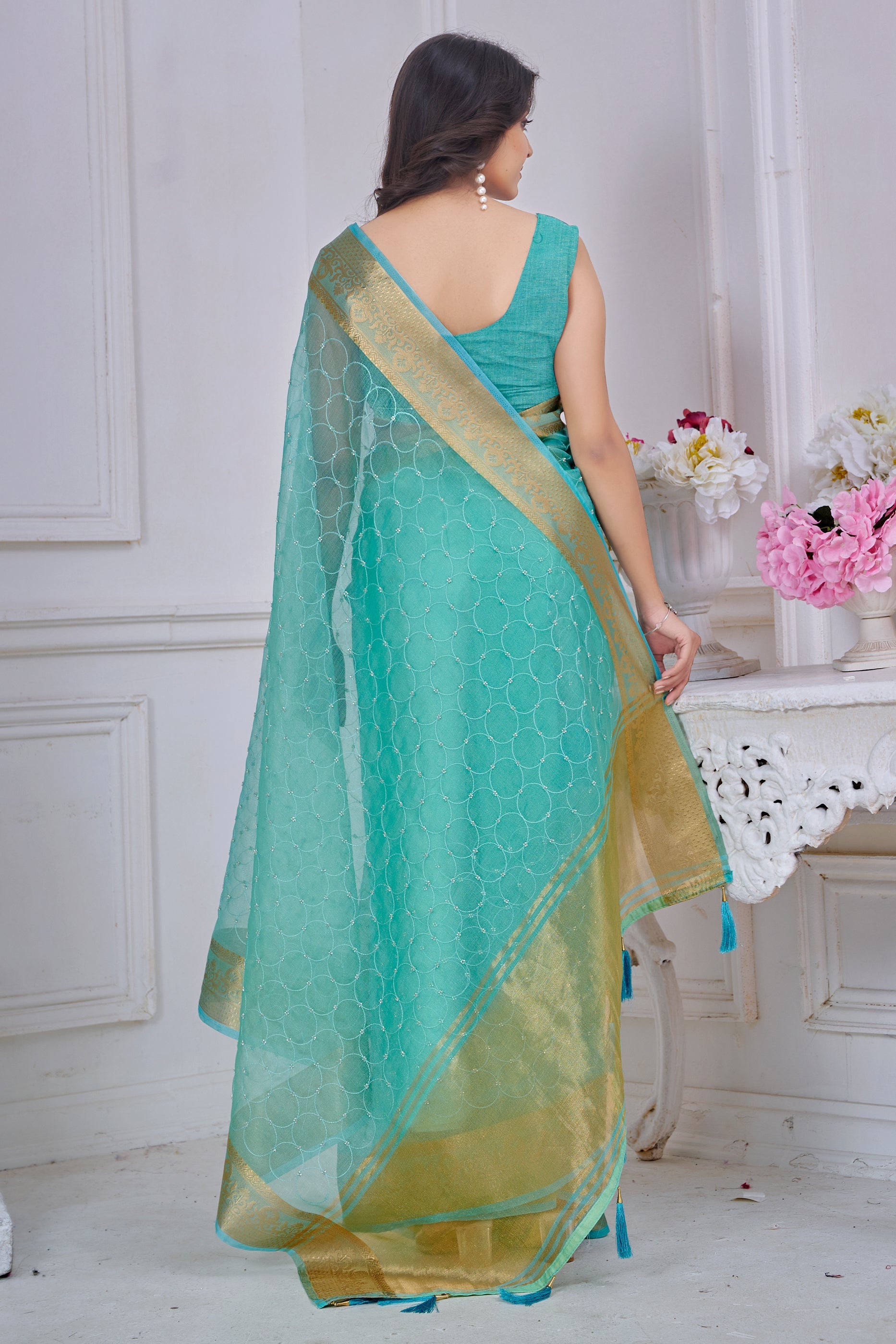 Blue Green Stone Work Jacquard Saree-SAR10742_4_SareeButa.com