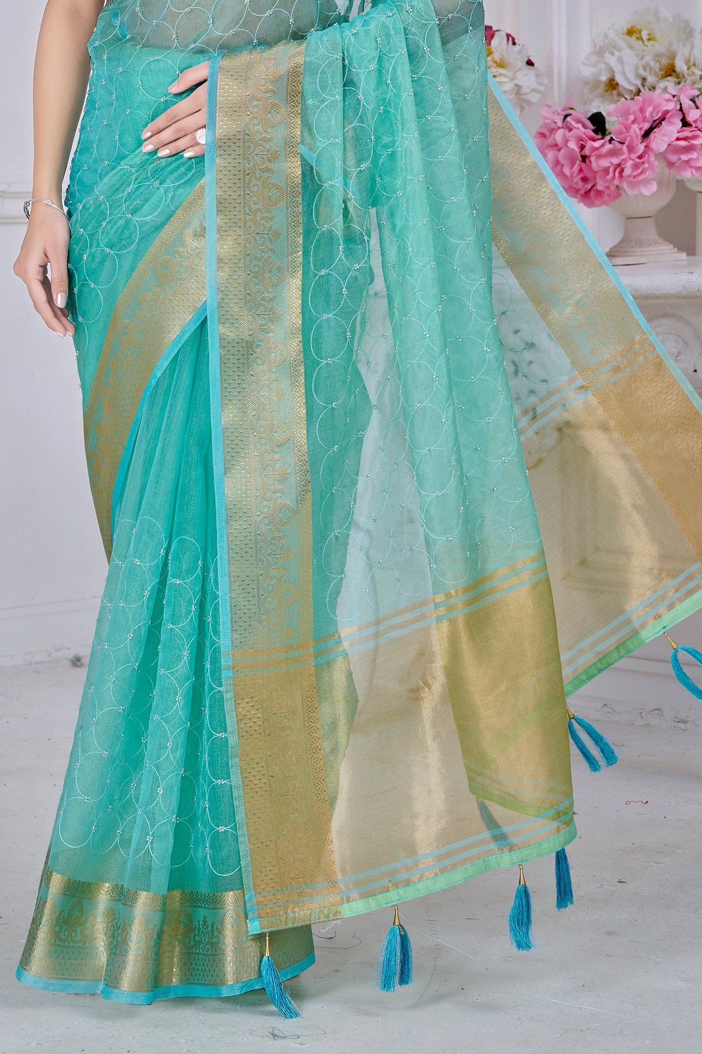 Blue Green Stone Work Jacquard Saree-SAR10742_5_SareeButa.com