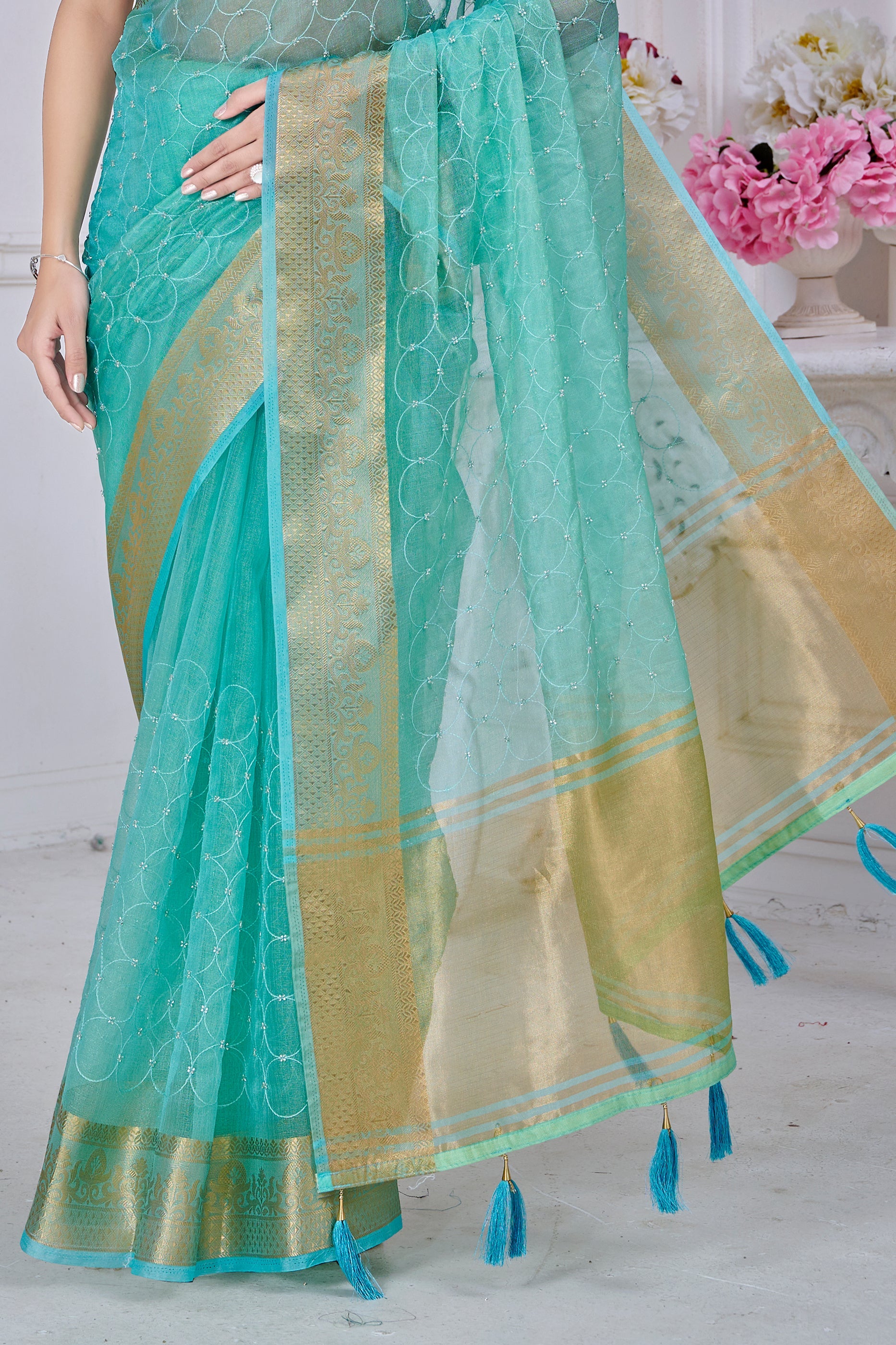 Blue Green Stone Work Jacquard Saree-SAR10742_5_SareeButa.com