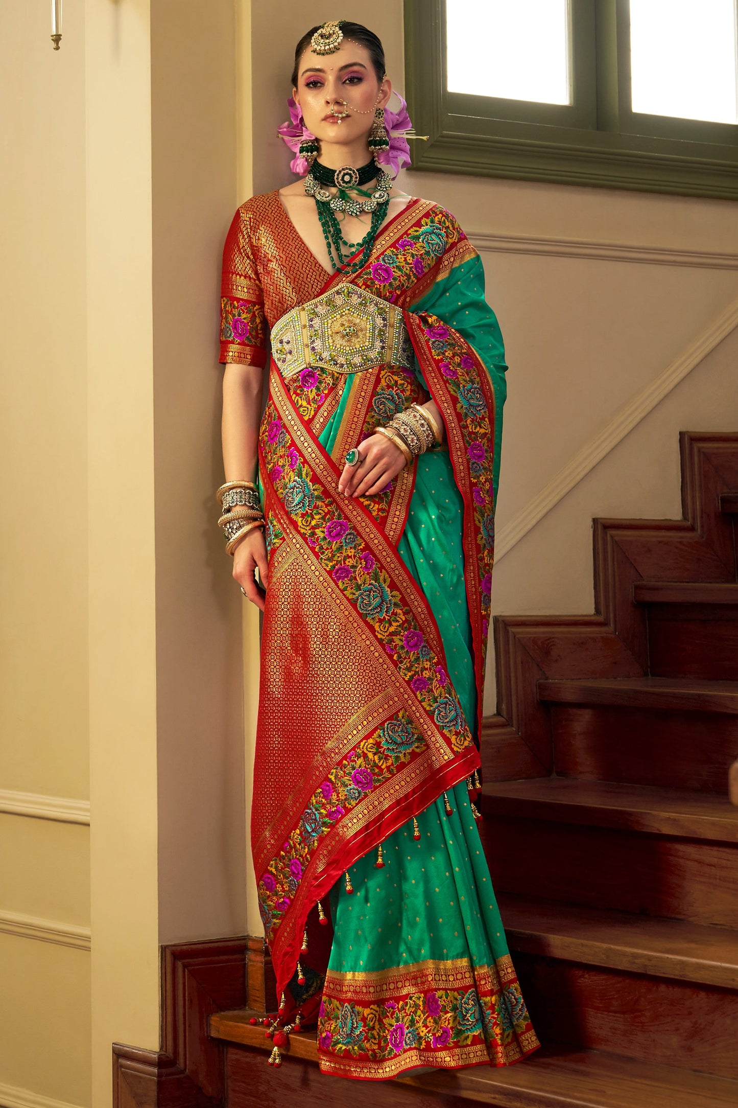 Blue Green Woven Banarasi Saree-ZB133633_3_SareeButa.com