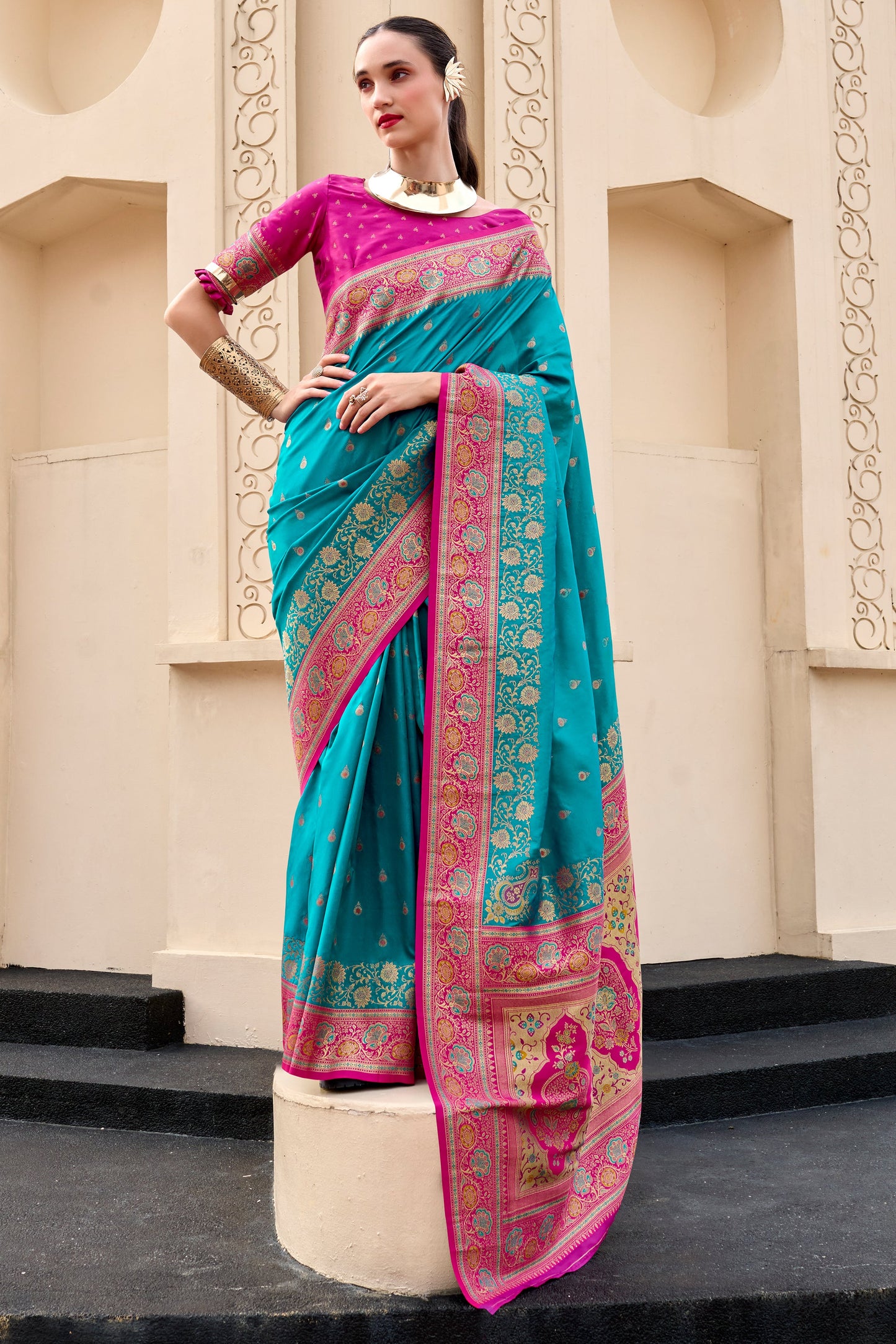 Blue Green Woven Banarasi Saree-ZB134702_1_SareeButa.com