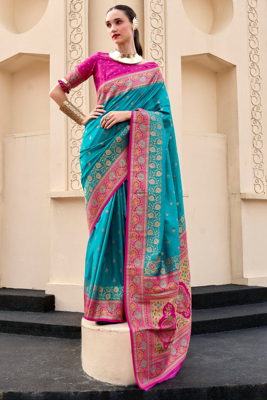 Blue Green Woven Banarasi Saree-ZB134702_1_SareeButa.com