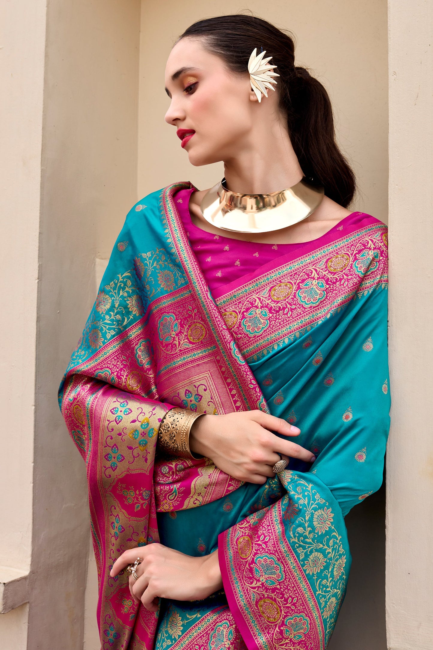 Blue Green Woven Banarasi Saree-ZB134702_2_SareeButa.com