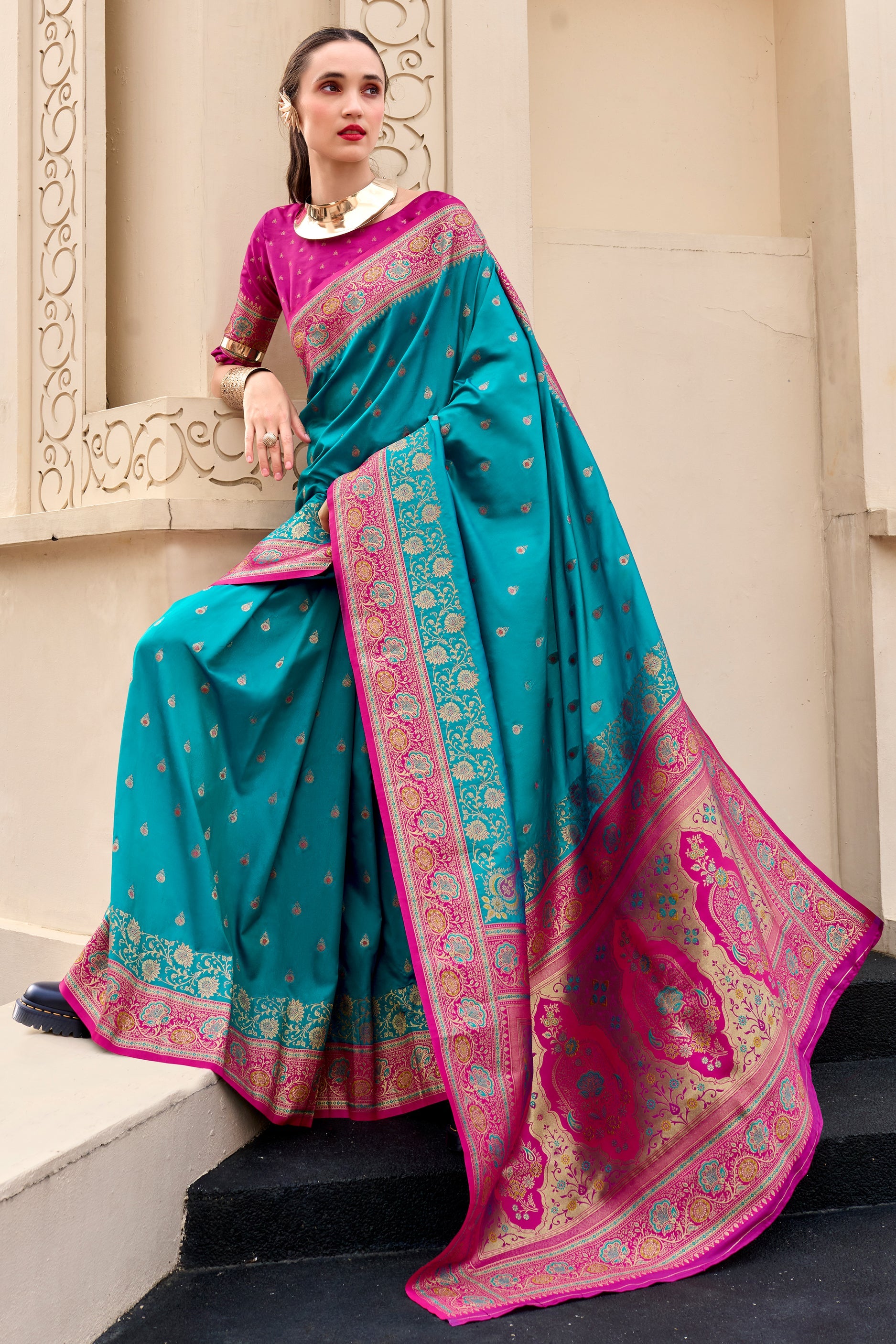 Blue Green Woven Banarasi Saree-ZB134702_3_SareeButa.com