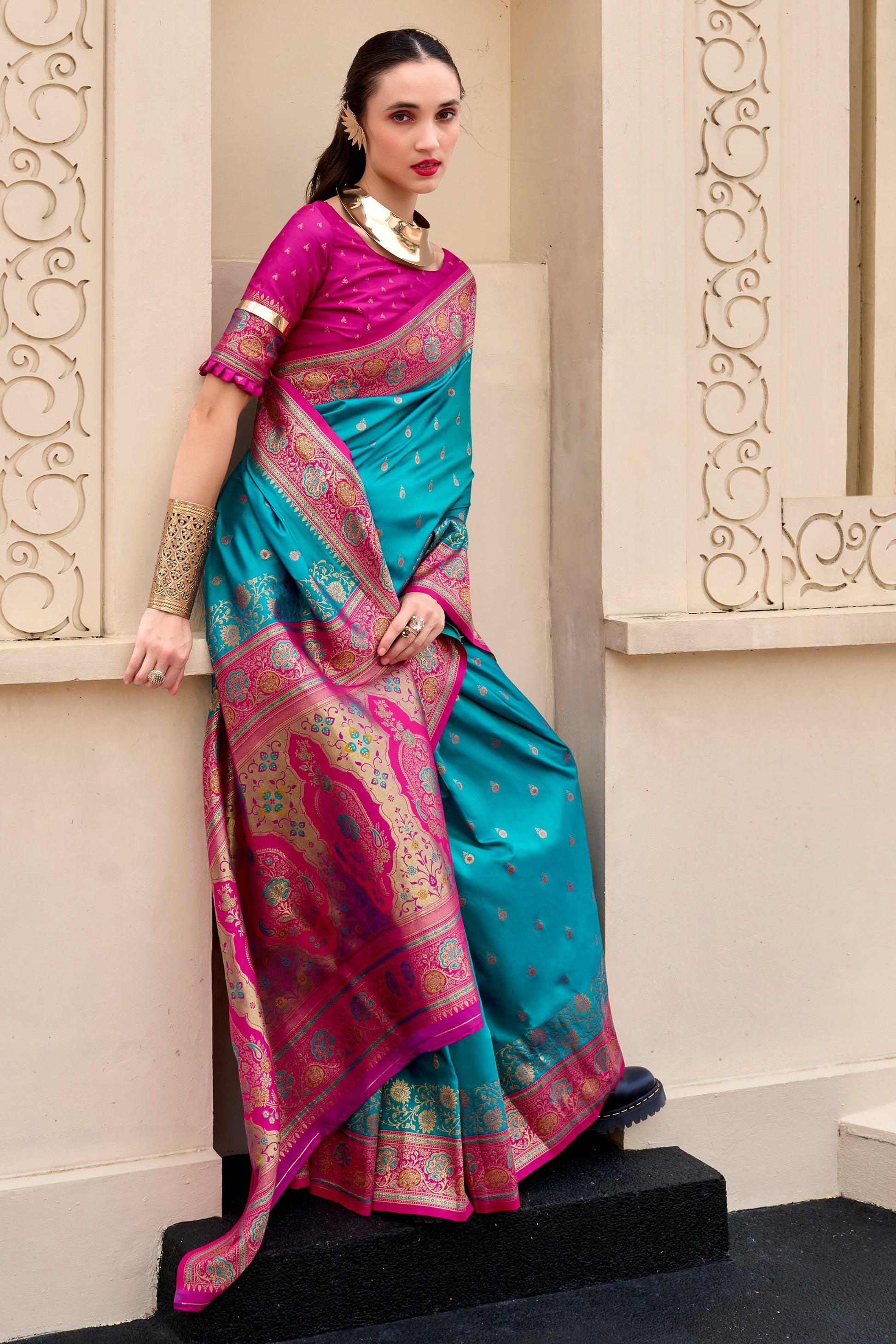 Blue Green Woven Banarasi Saree-ZB134702_4_SareeButa.com