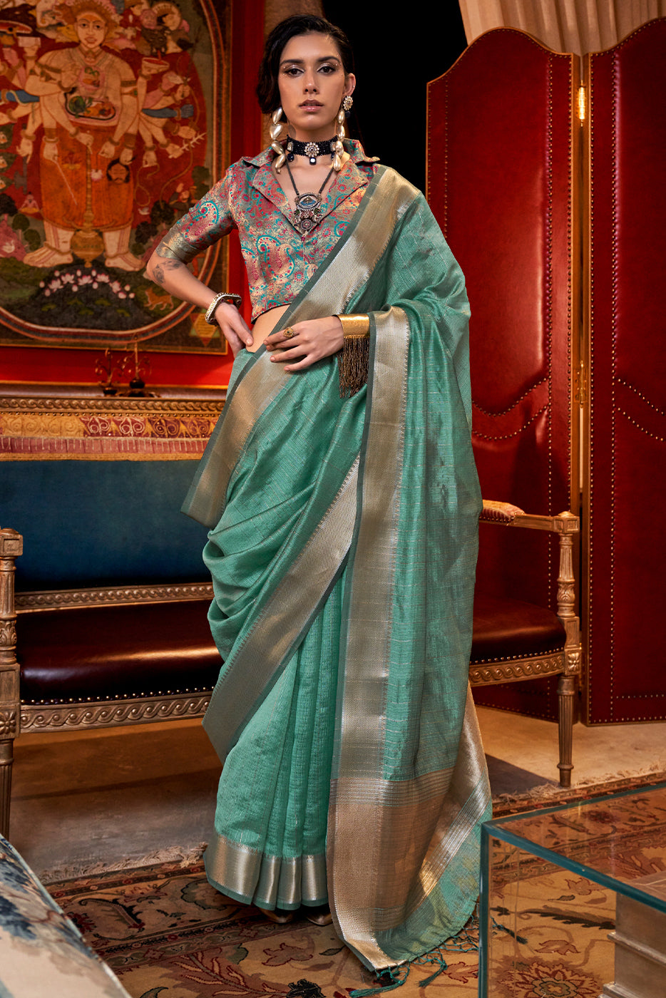 Blue Green Woven Chiffon Saree-ZB133014_1_SareeButa.com