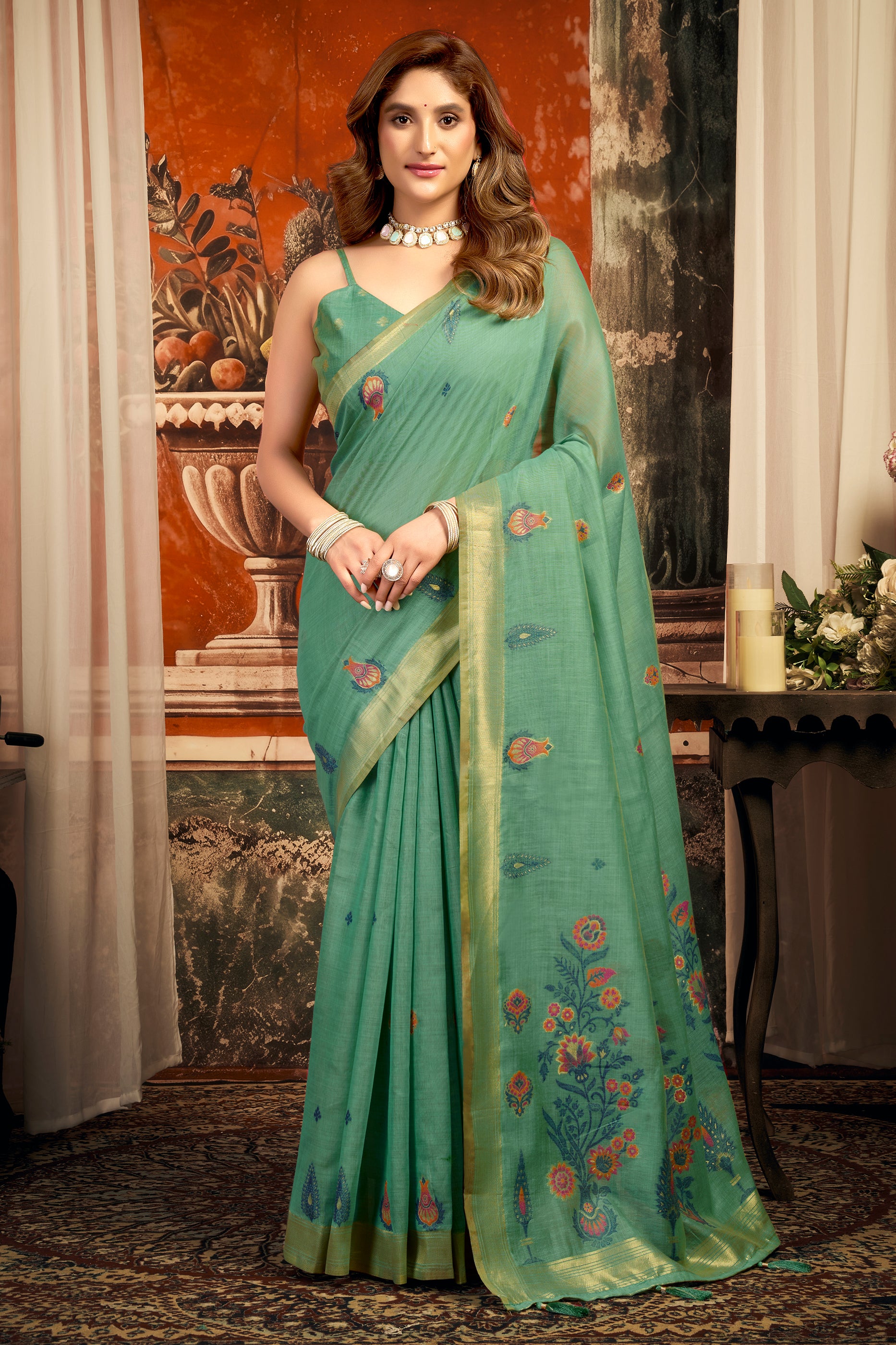 Blue Green Woven Cotton Saree-SAR12752_1_SareeButa.com