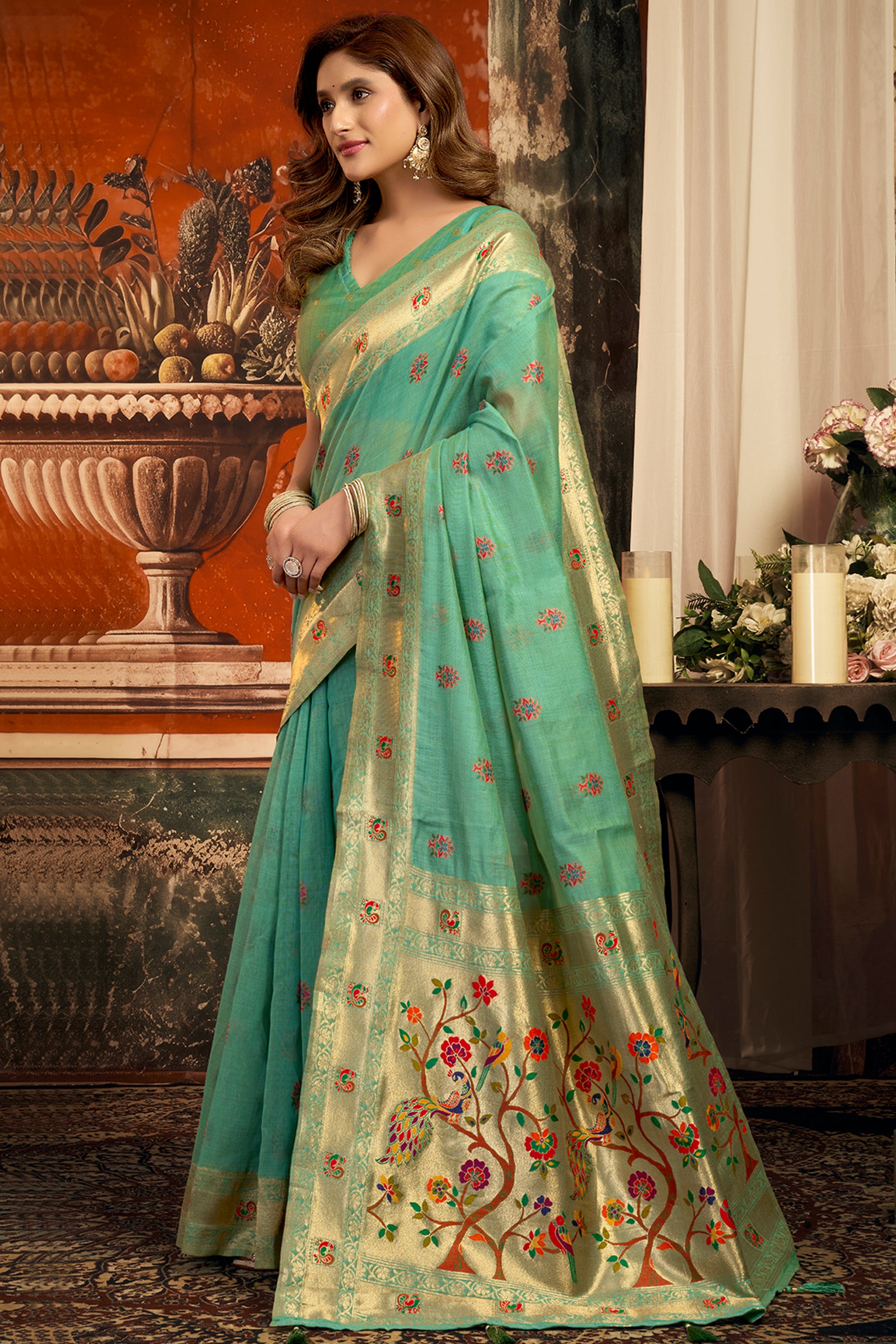 Blue Green Woven Kota Silk Paithani Saree-SAR12741_3_SareeButa.com