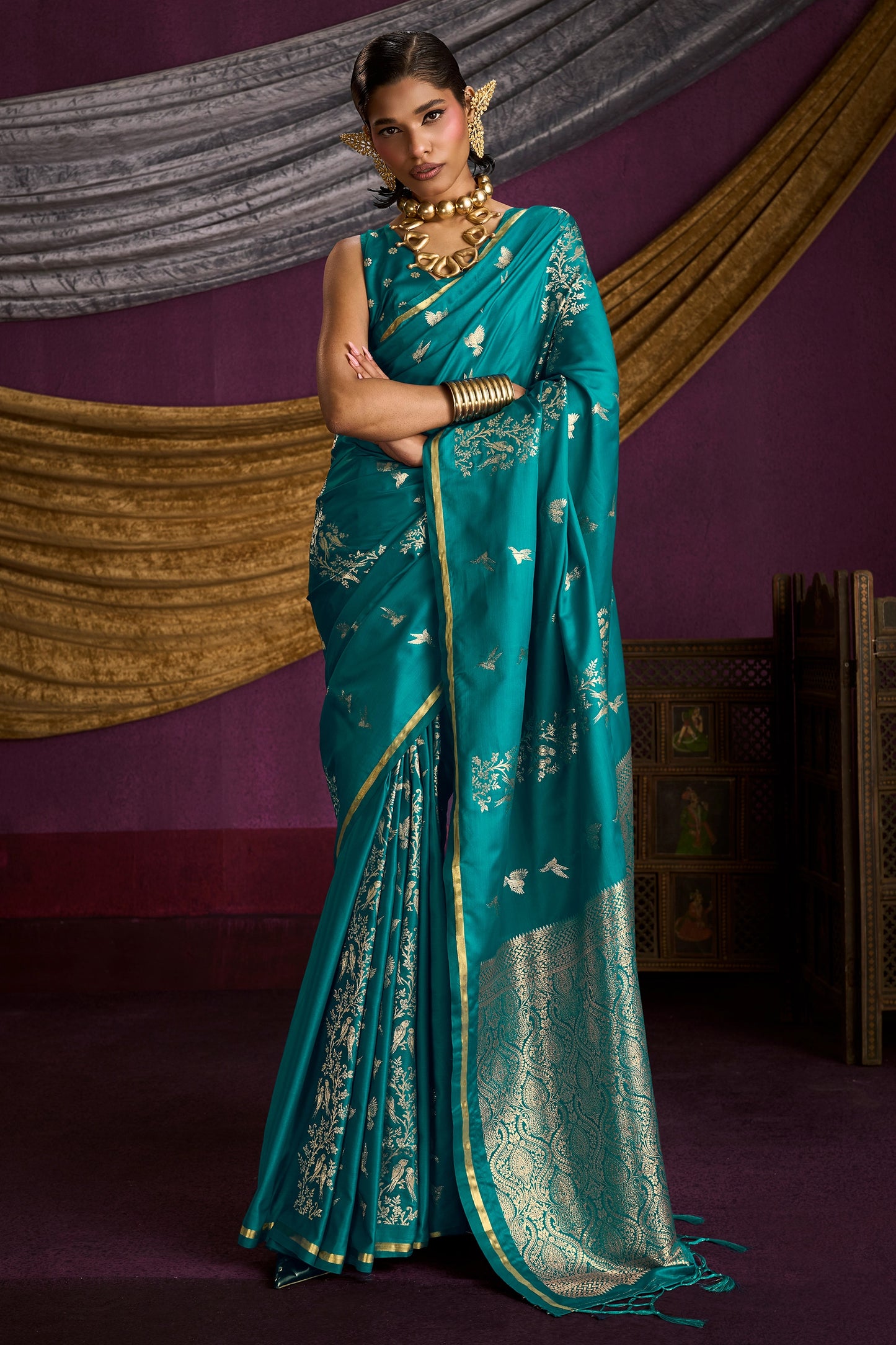 Blue Green Woven Satin Silk Saree-SAR12333_1_SareeButa.com