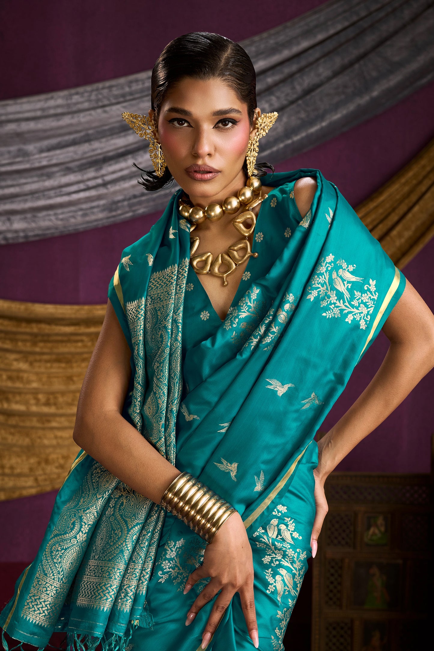Blue Green Woven Satin Silk Saree-SAR12333_2_SareeButa.com