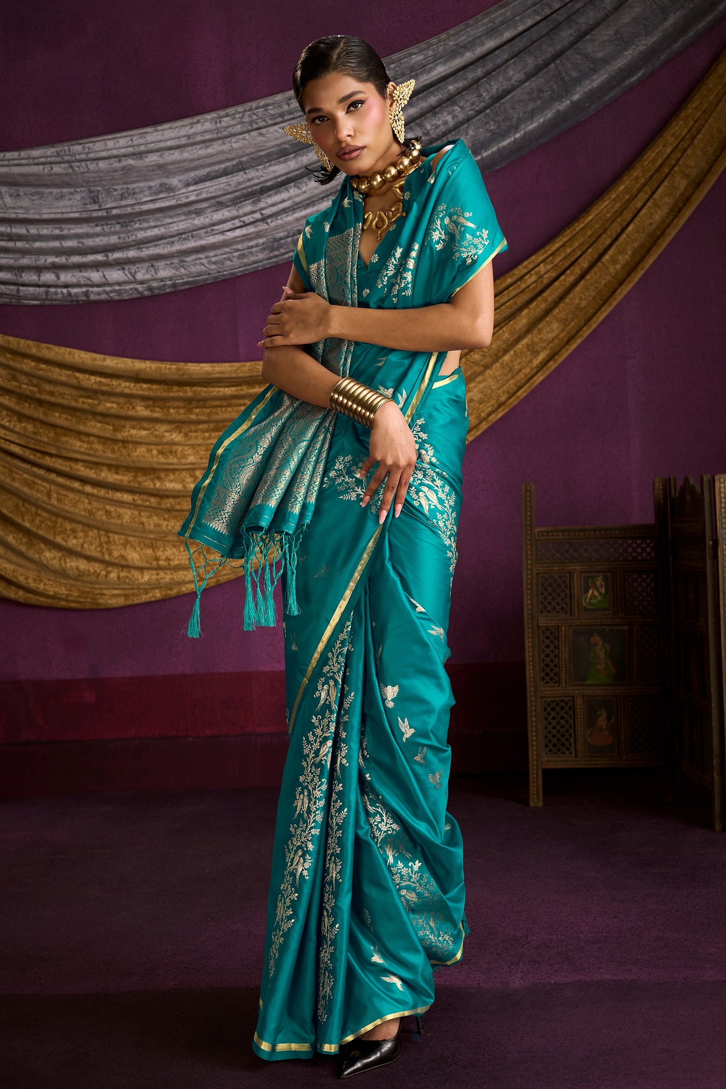Blue Green Woven Satin Silk Saree-SAR12333_3_SareeButa.com