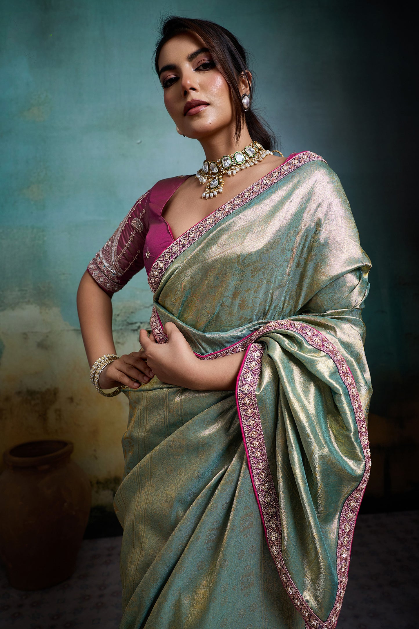 Blue Green Woven Tissue Banarasi Saree-SAR12822_2_SareeButa.com