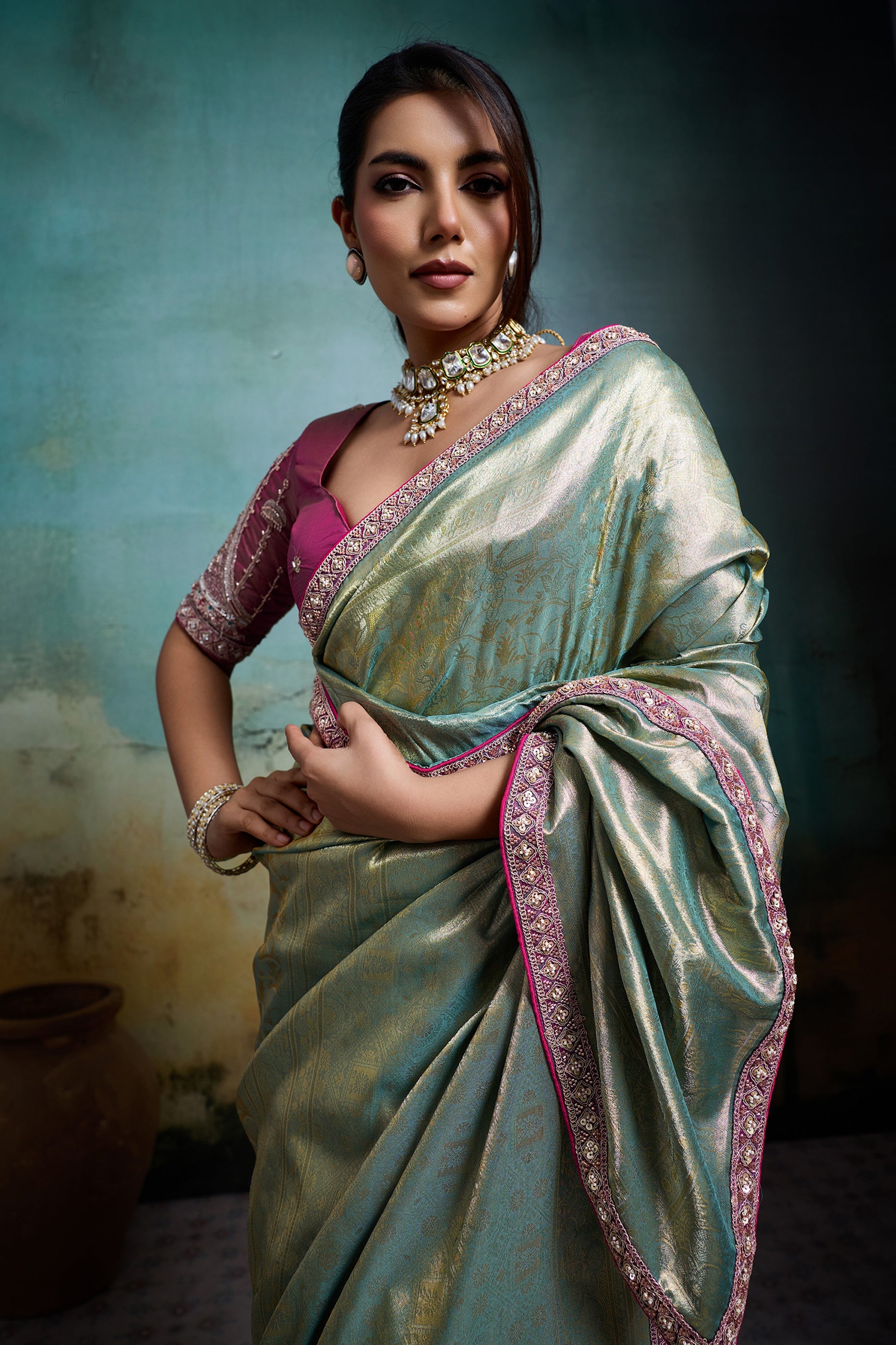 Blue Green Woven Tissue Banarasi Saree-SAR12822_3_SareeButa.com