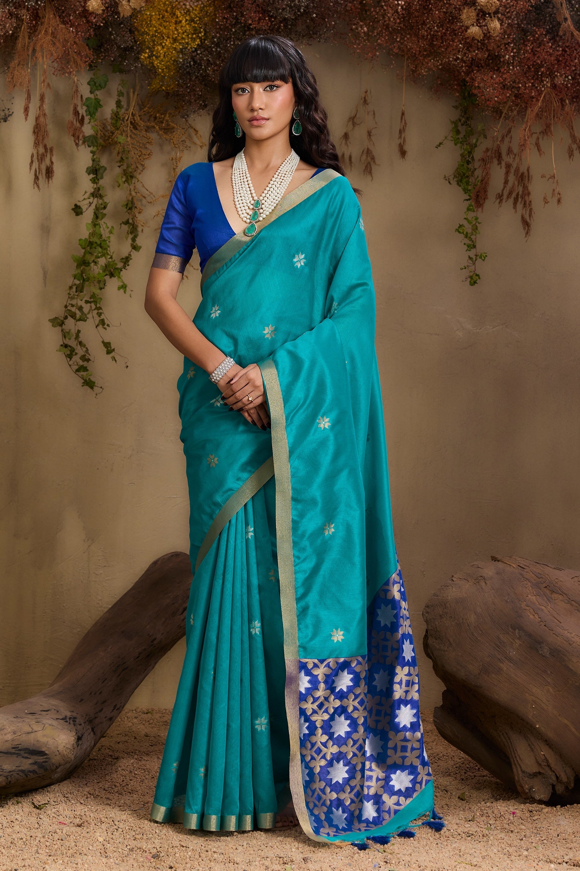 Blue Green Woven Tussar Silk Saree-SAR11239_1_SareeButa.com