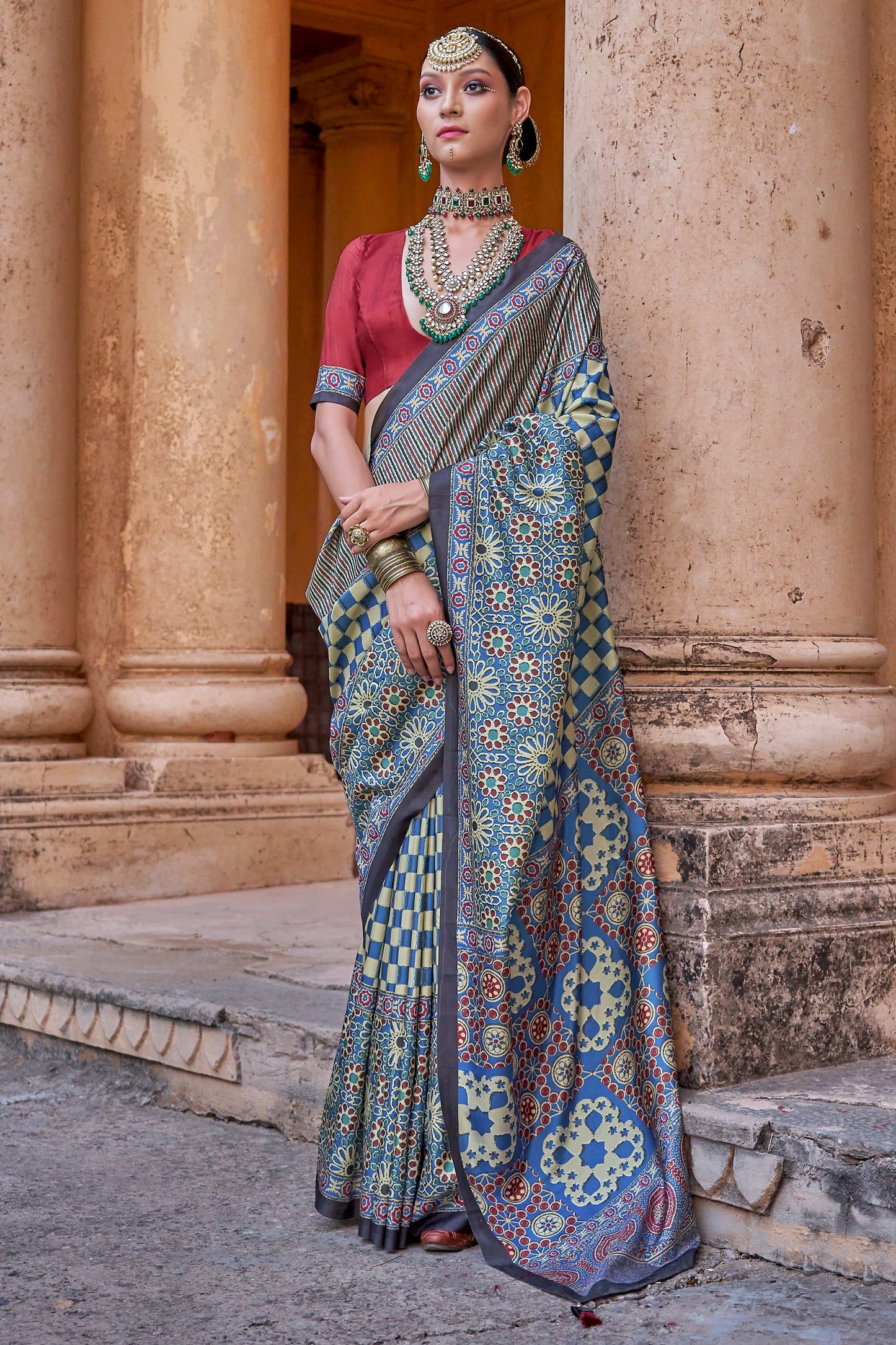 Blue Grey Ajarakh Printed Viscose Saree-SAR10147_1_SareeButa.com