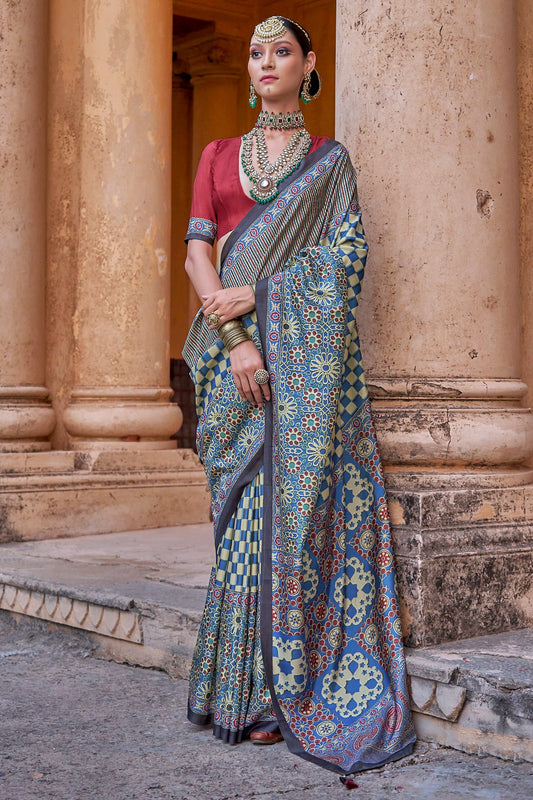Blue Grey Ajarakh Printed Viscose Saree-SAR10147_1_SareeButa.com