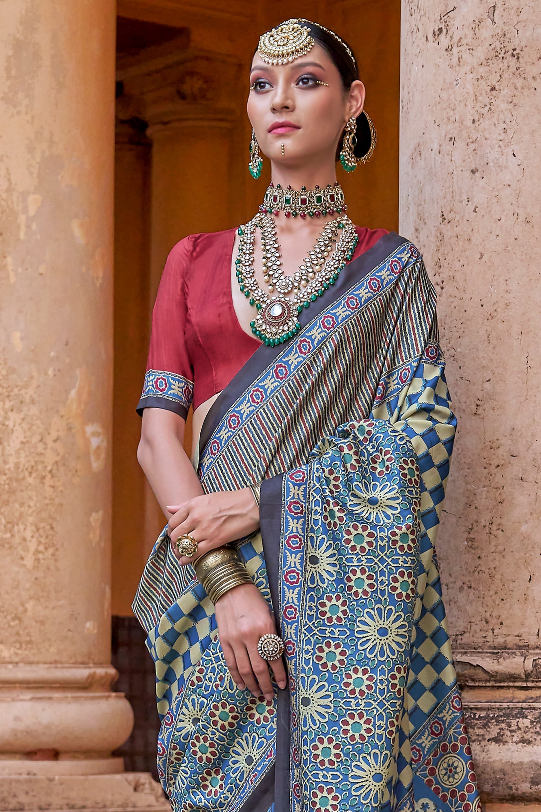 Blue Grey Ajarakh Printed Viscose Saree-SAR10147_3_SareeButa.com