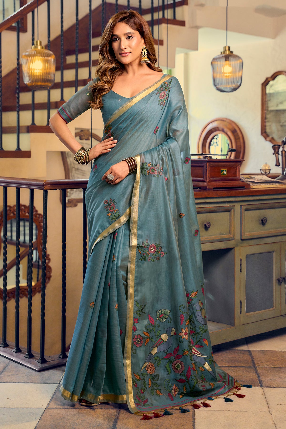 Blue Grey Cotton Saree with Kalamkari Motifs-SAR12948_1_SareeButa.com
